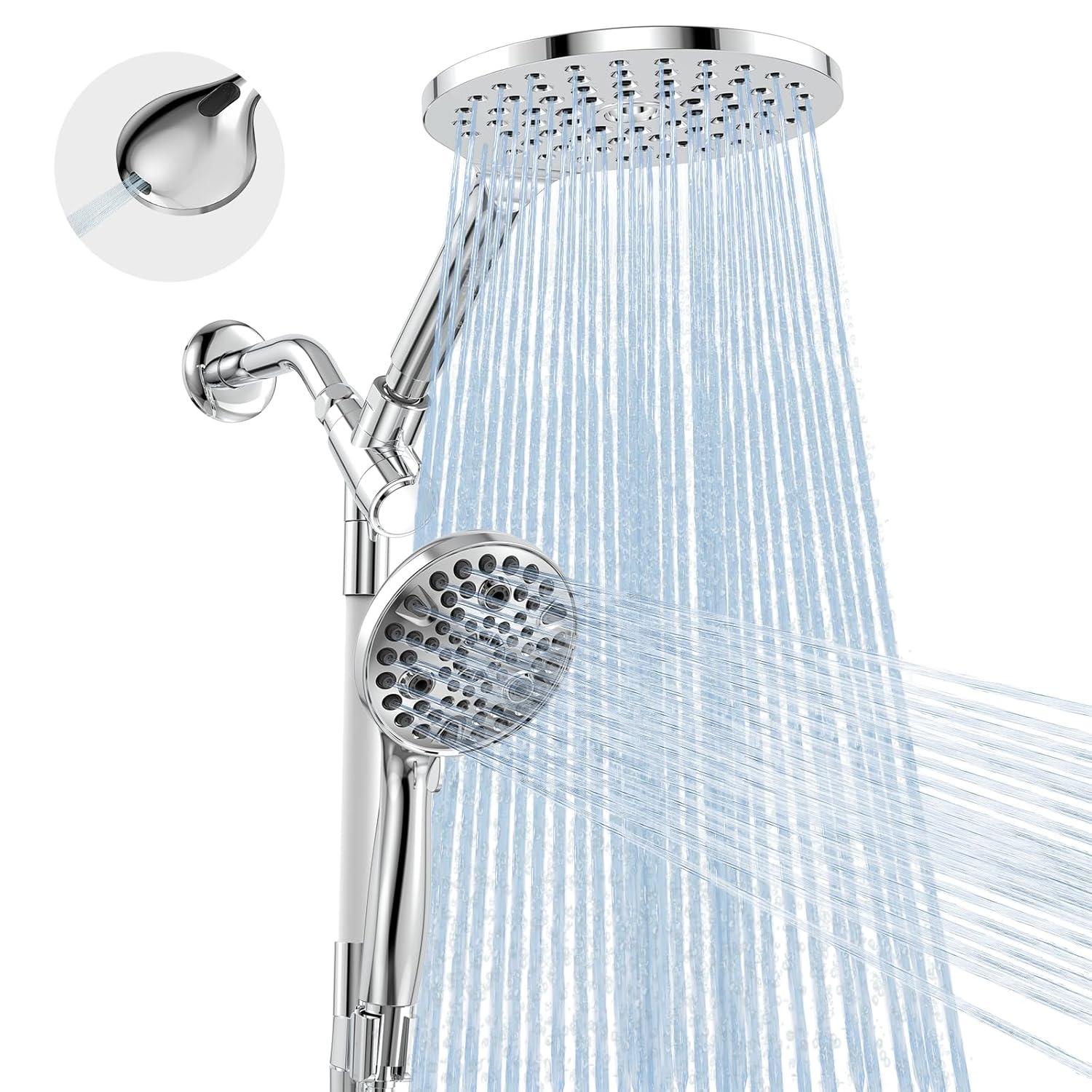 Dual Handheld Shower Head Combo, 2-in-1 Rain Shower Heads System 8 Inch Rainfall Shower Head and 10 Modes High Pressure Hand Held Showerhead with Built-in Power Wash