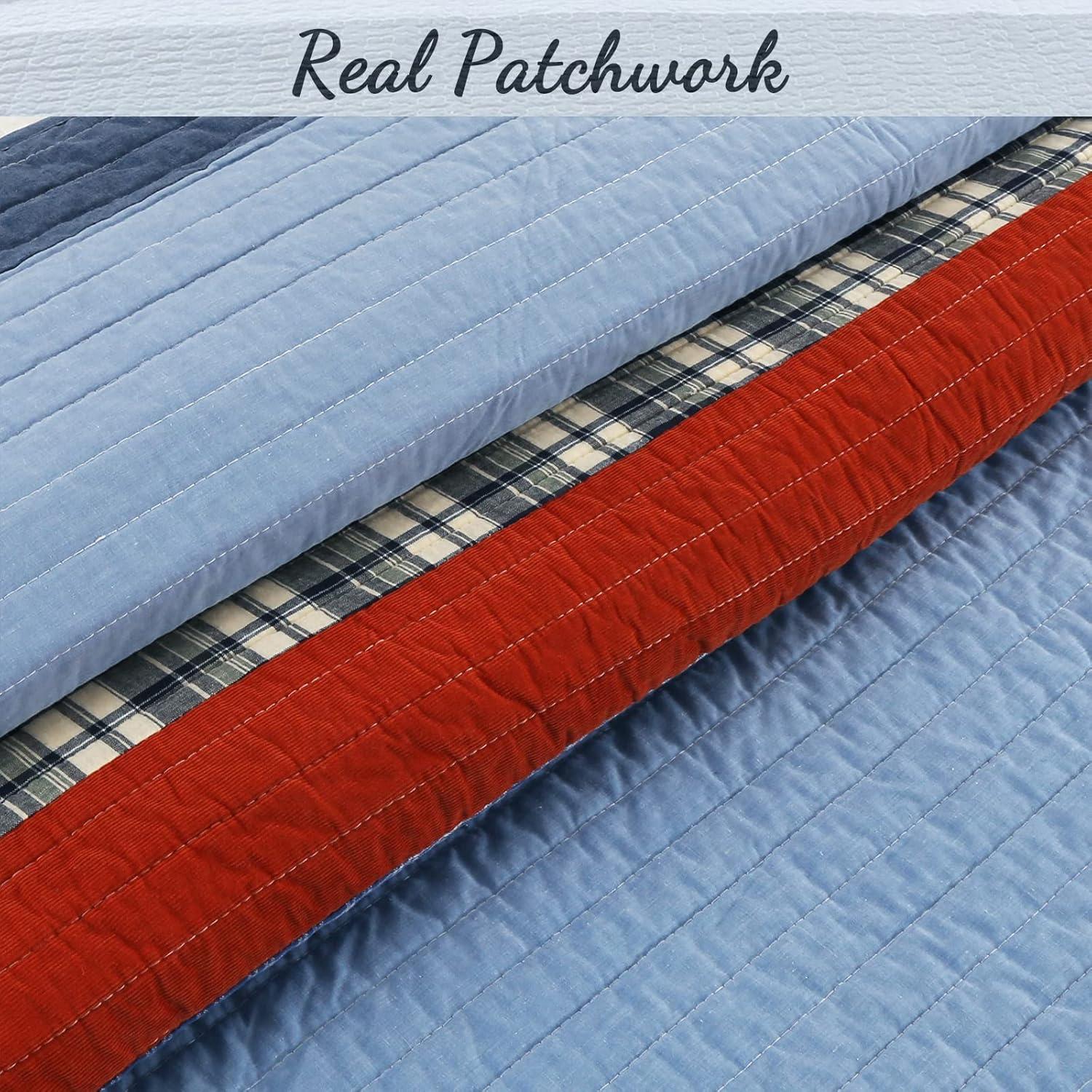 Navy and Red Cotton Reversible Queen Quilt Set