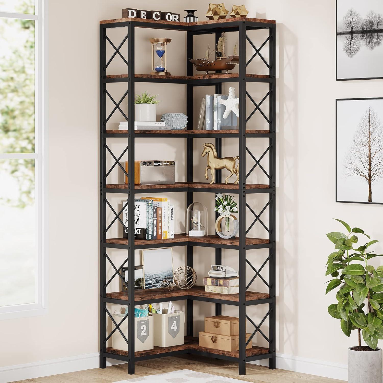 Hommoo 7-Tier Tall Corner Bookshelf Rustic Brown