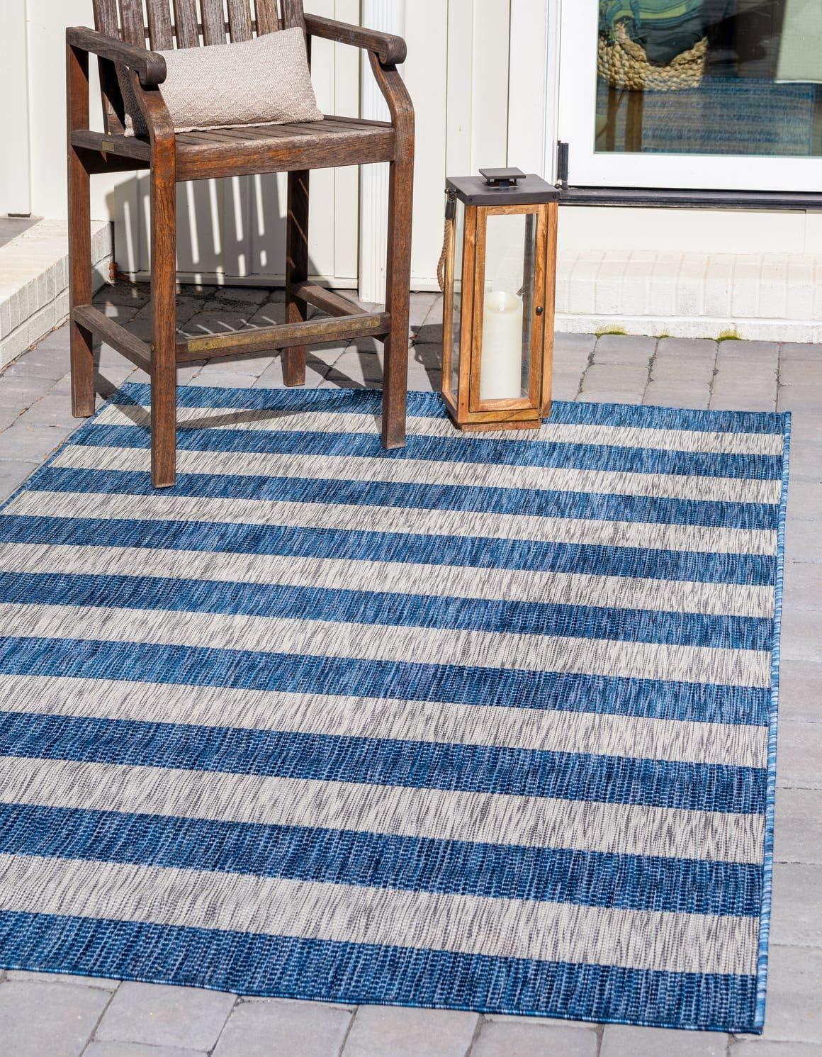 Blue and White Striped Outdoor Synthetic Rug, 9' x 12'