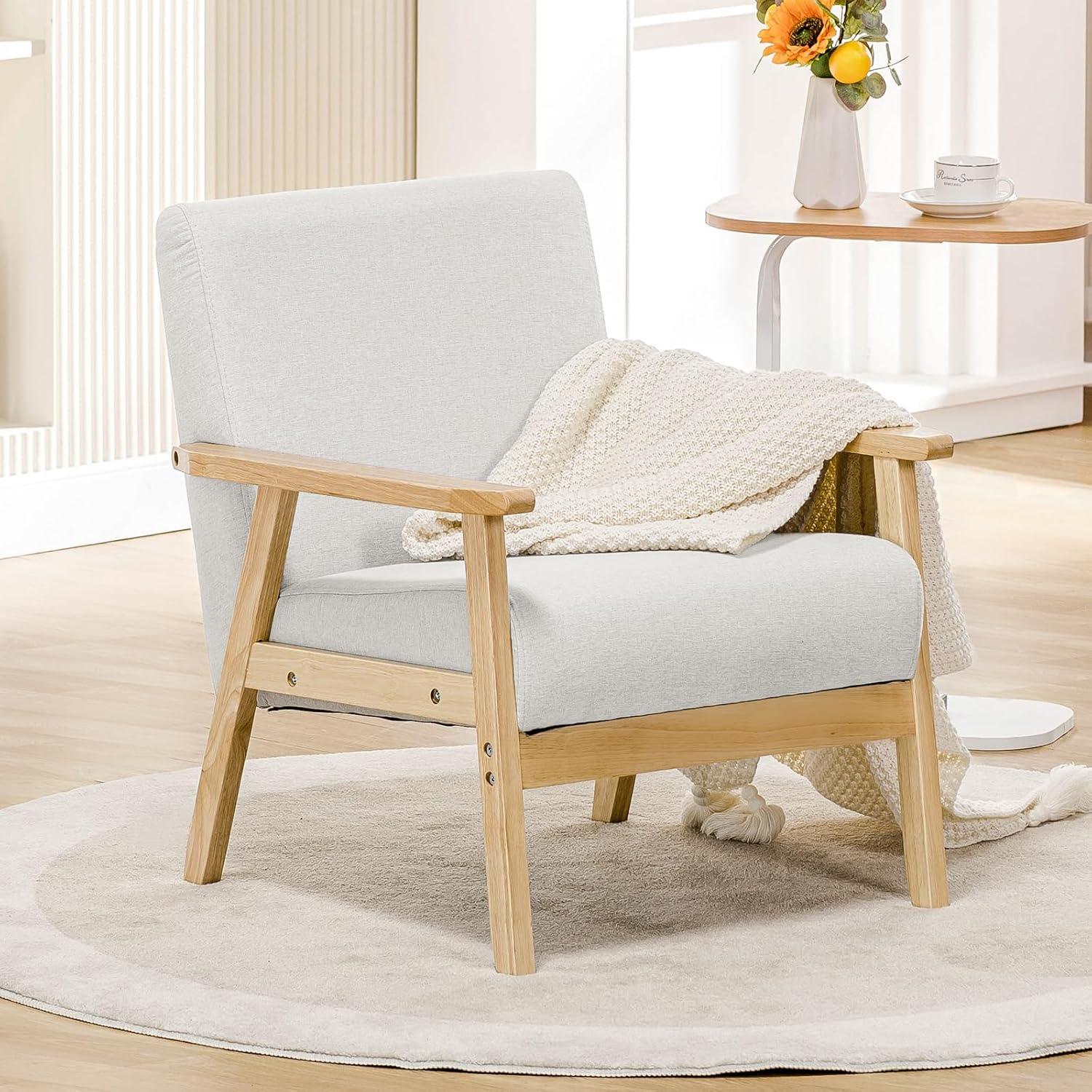 Beige Upholstered Wood Frame Ergonomic Accent Chair