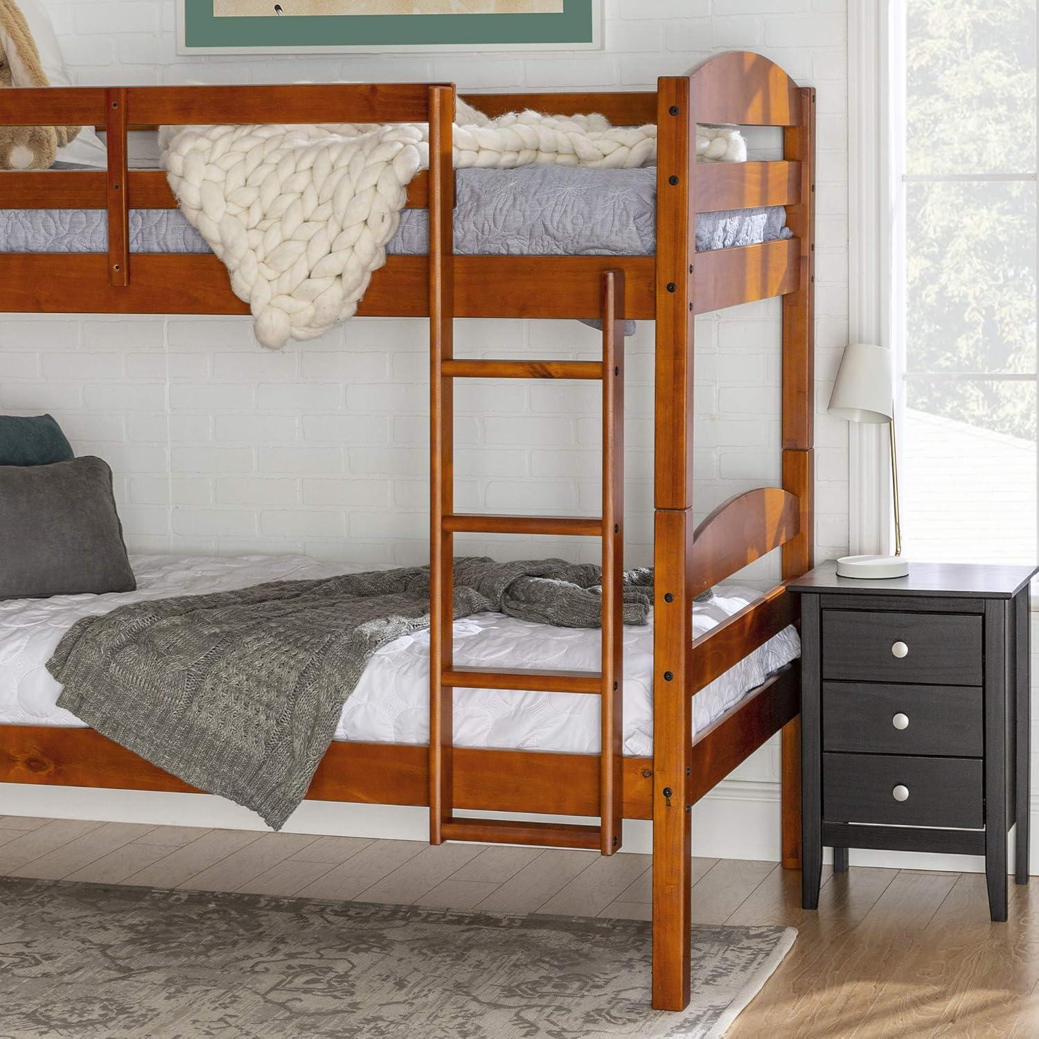 Walker Edison Transitional Twin-over-Twin Solid Wood Bunk Bed Frame in Cherry