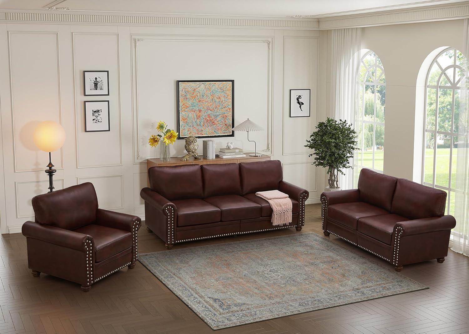 Burgundy Faux Leather 3-Piece Sofa Set with Nailhead Trim