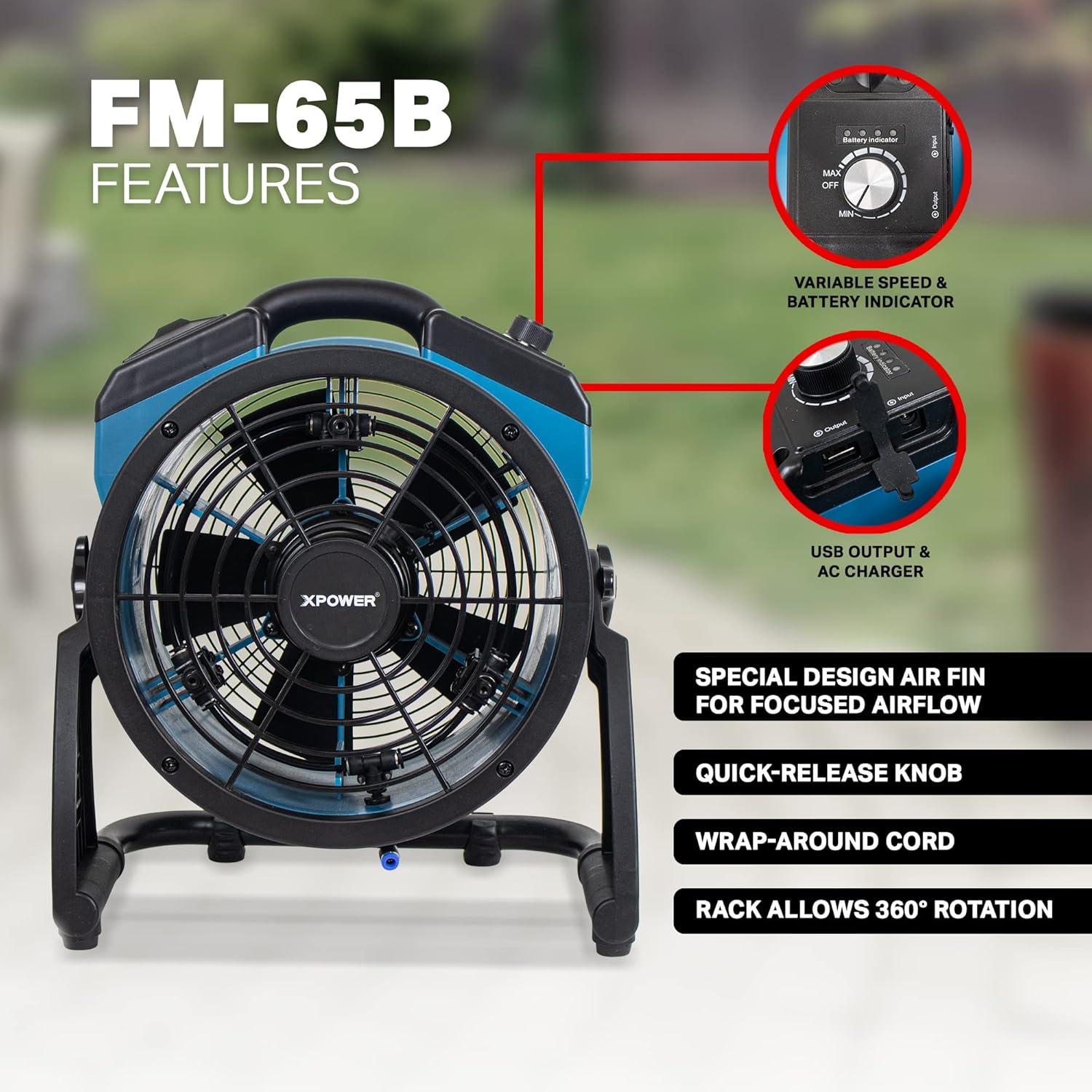 Xpower FM-65B 3-Speed Rechargeable 900 CFM Outdoor Misting Fan