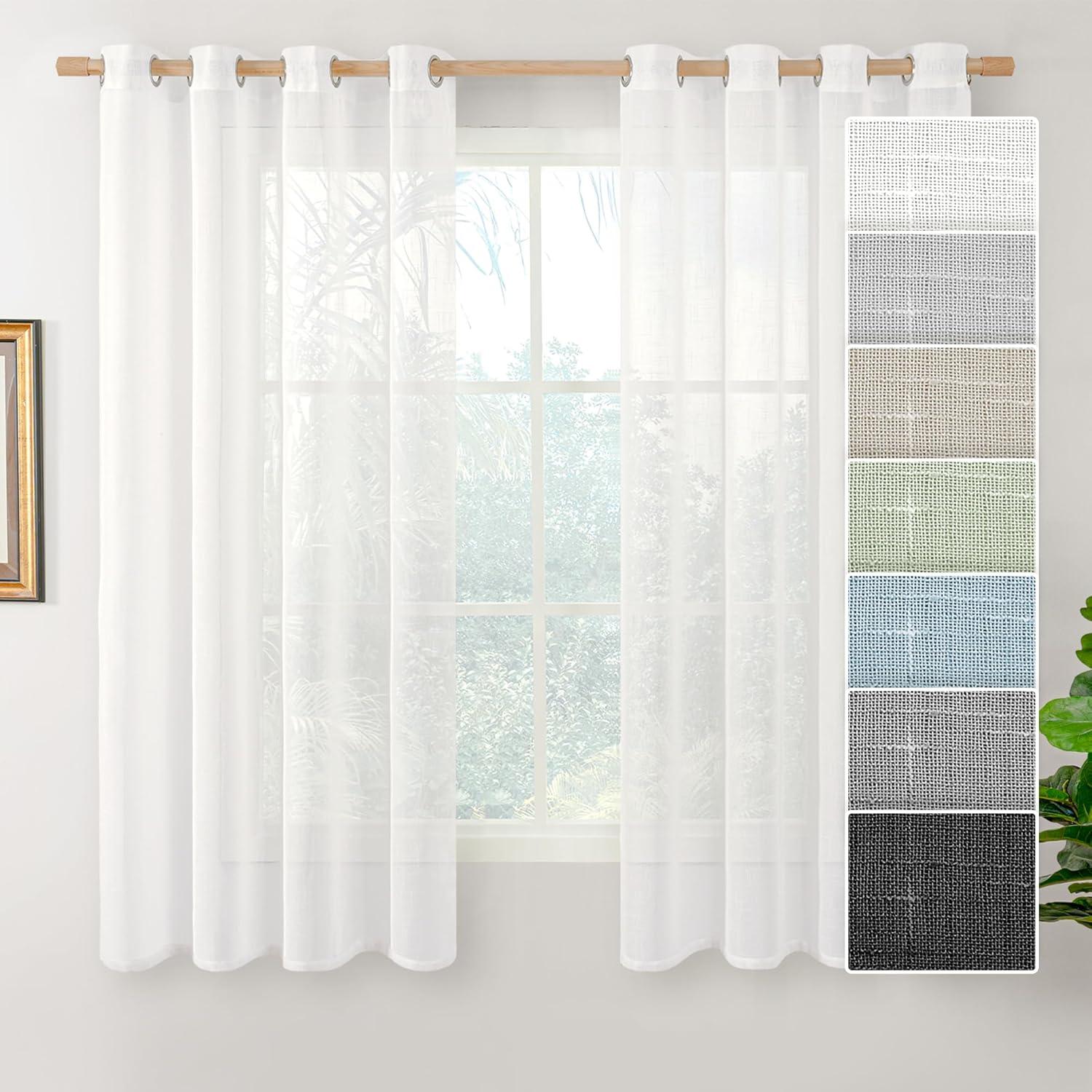 White Linen Semi-Sheer Light-Filtering Rod Pocket Curtains, 63" Length