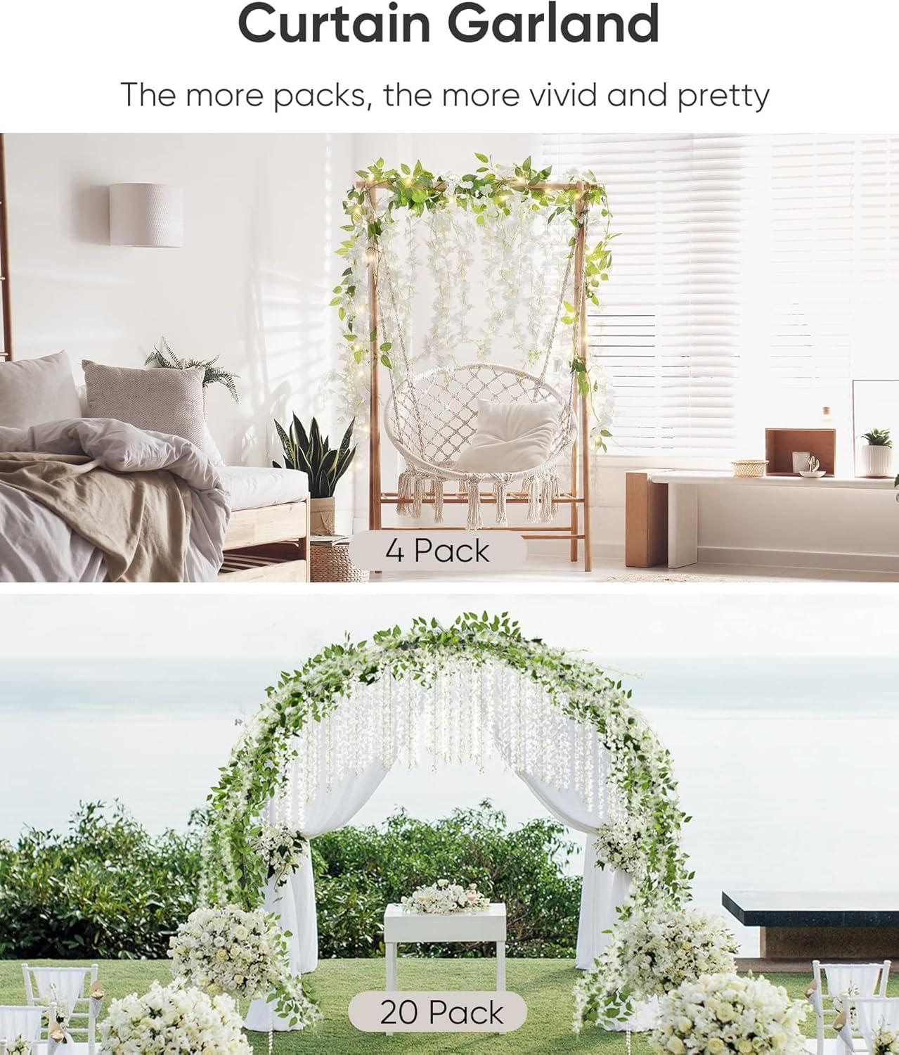 JACKYLED 40 Branches Wisteria Hanging Flowers 6 Feet Artificial White Vine Silk Wisteria Flowers Garland for Wedding Arch Party Garden Home Decor (4 Packs)