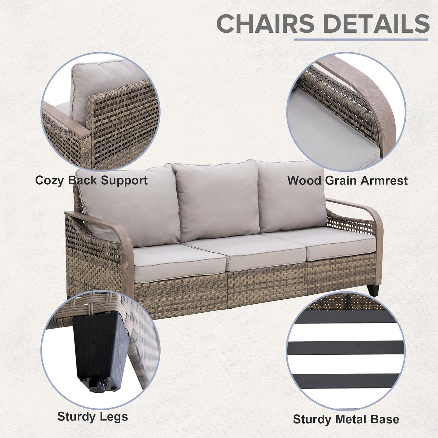 INTER HUT Modern Wicker Patio Sofa, Rattan Outdoor Couch Sofa, 3 Seat Couch, Brown/Gray
