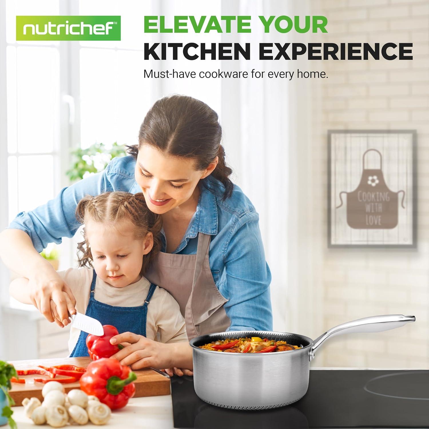 NutriChef 2 QT Stainless Steel Non-Stick Sauce Pot with Glass Lid