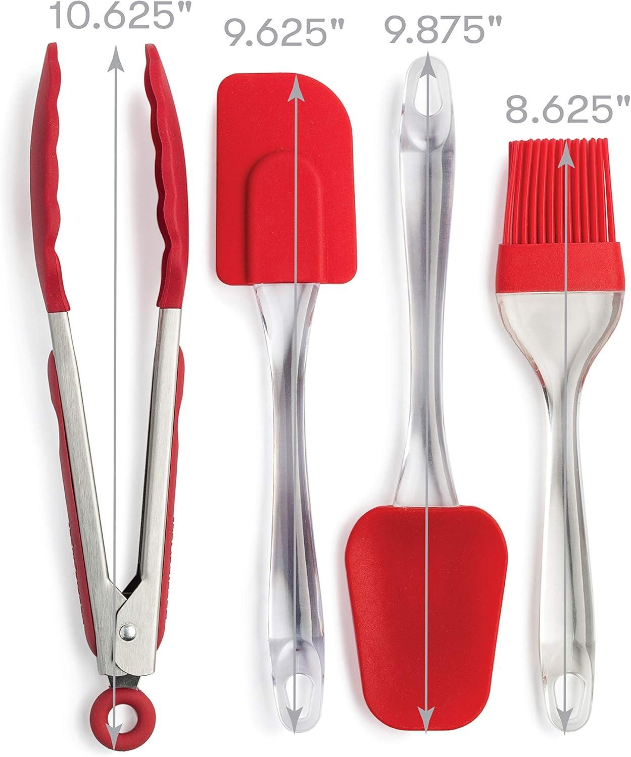 Red Silicone 4-Piece Cooking Utensil Set with Clear Handles