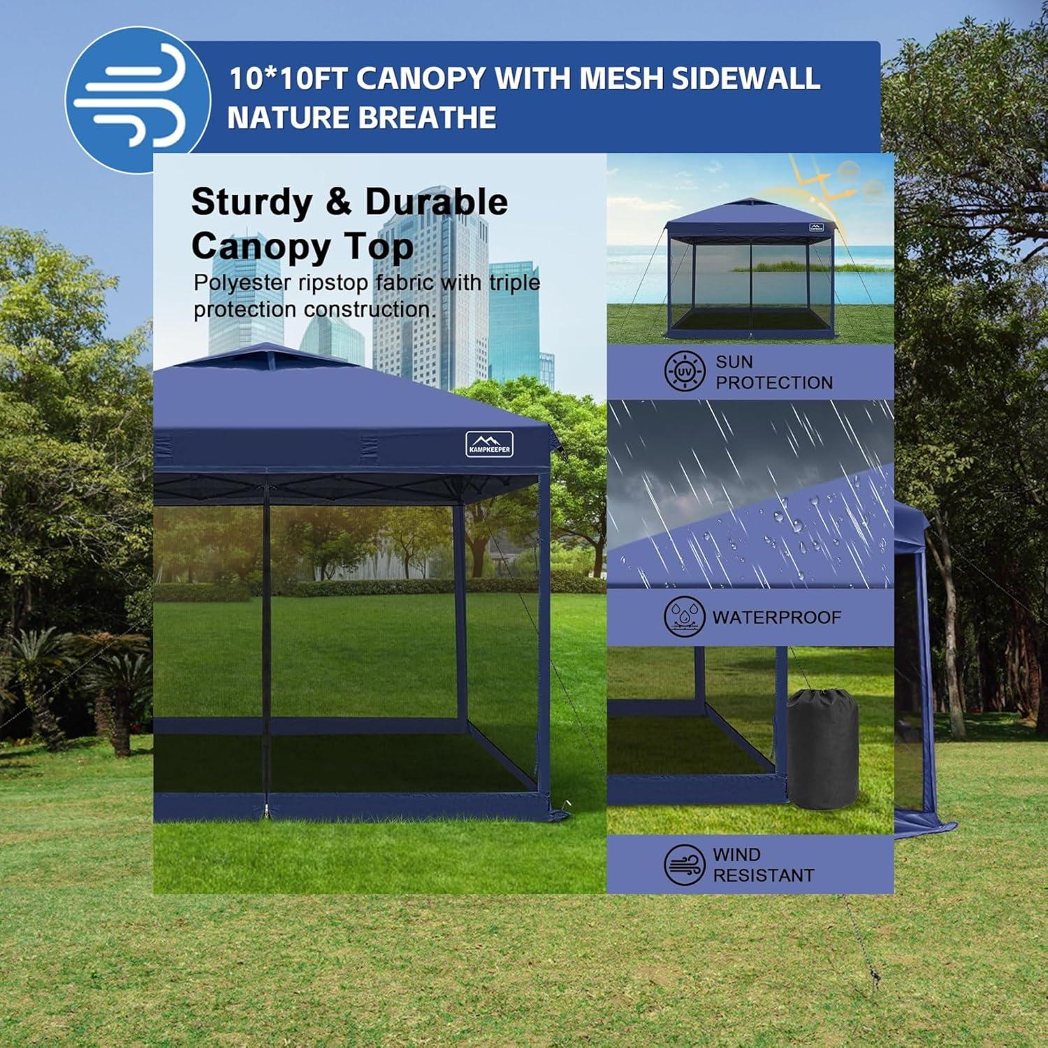 KAMPKEEPER 10x10 Pop Up Canopy Tent with Mosquito Netting - Waterproof Screen Shelter for Sun Shade, Camping, Beach and Outdoor Events, Navy Blue