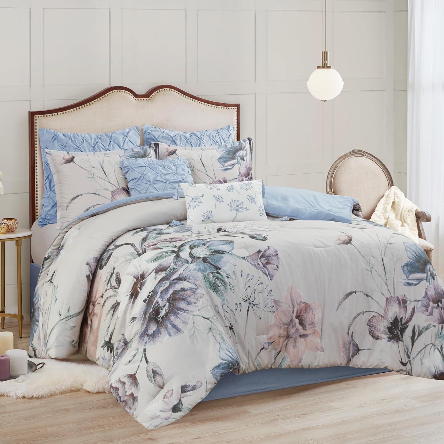 Cassandra Shabby Chic Queen Cotton Comforter Set in Soft Blue