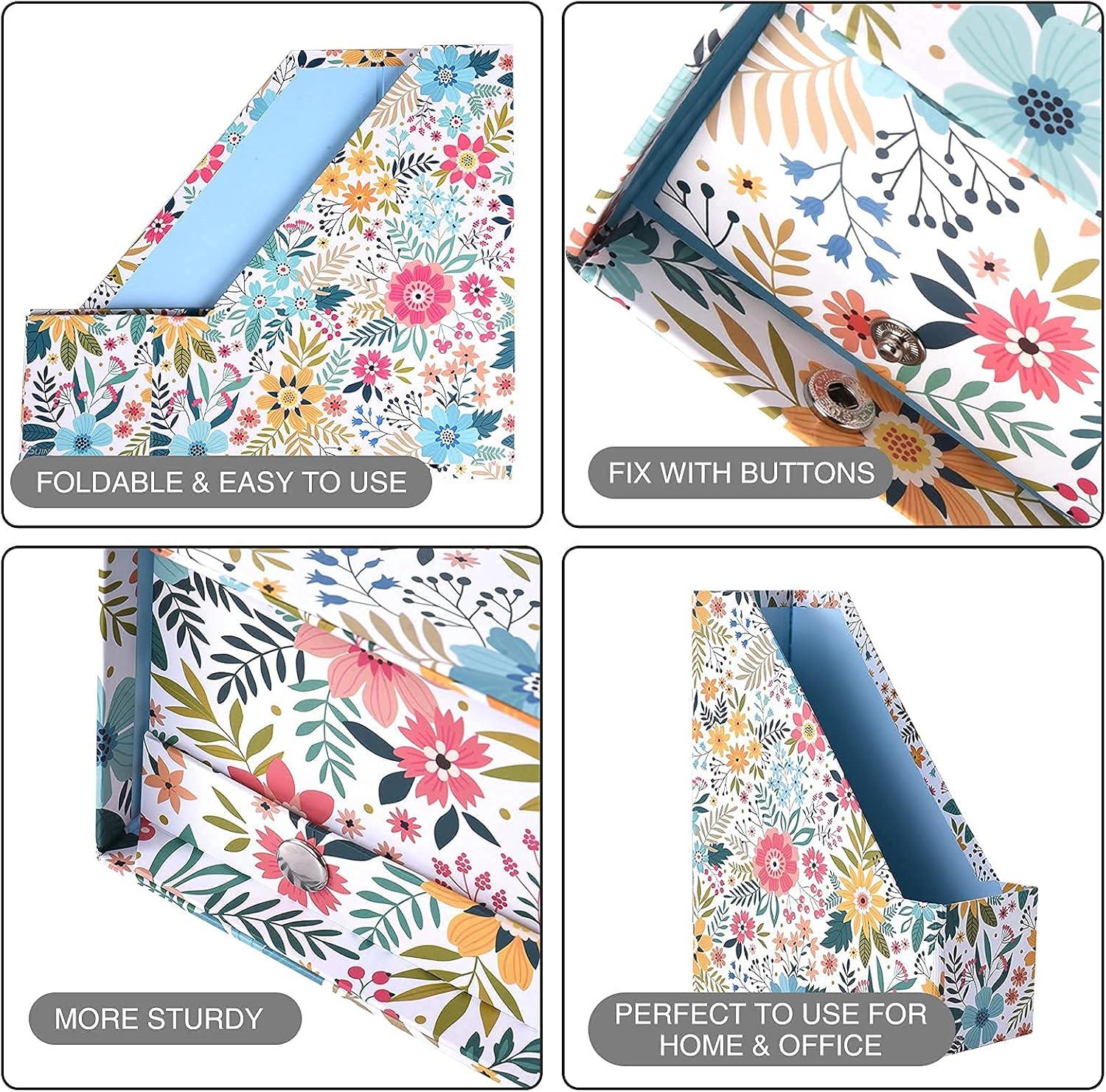 SUIN 2 Packs Foldable Magazine-File Holder, Seamless Floral Design File-Boxes Desk Organizer for Office/Home/School, Cardboard