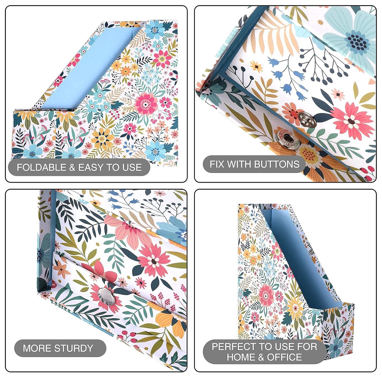 SUIN 2 Packs Foldable Magazine-File Holder, Seamless Floral Design File-Boxes Desk Organizer for Office/Home/School, Cardboard