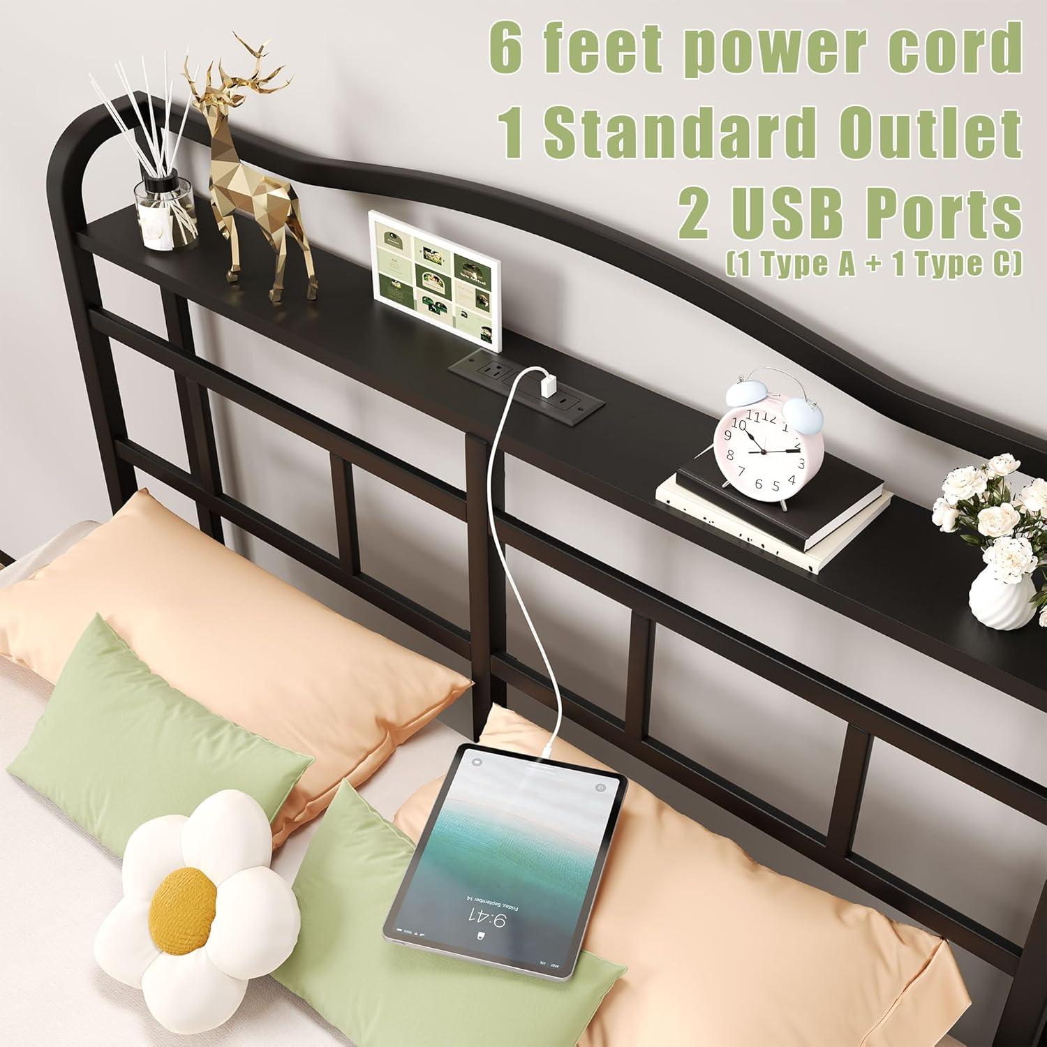 Twin Black Metal Bed Frame with Charging Station and Storage