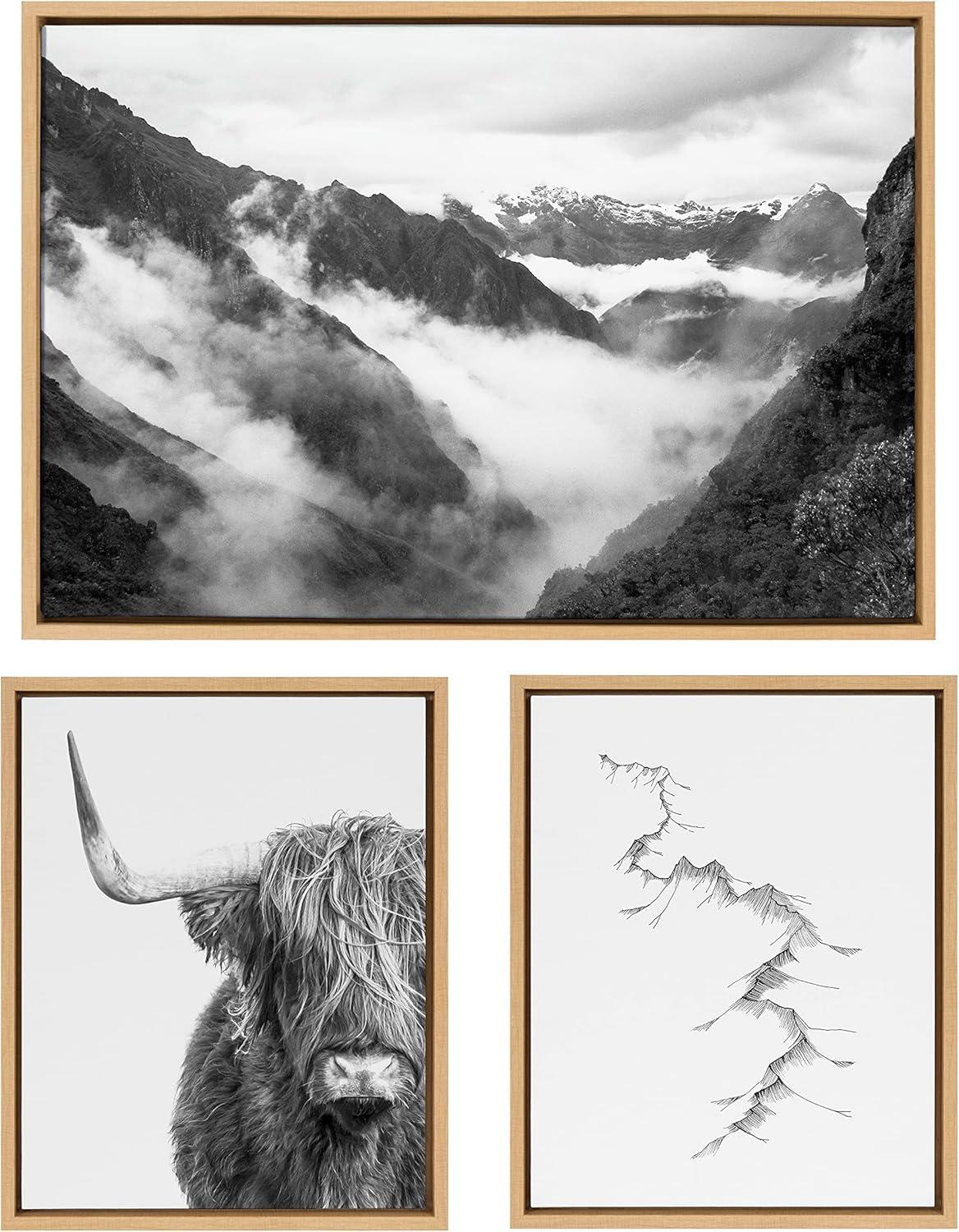 Kate and Laurel Sylvie Highland Cow, Mountains, and Inca Trail Framed Canvas Wall Art Set by Various Artists, Set of 3, two 16x20 and one 23x33 Natural, Black and White Landscape and Animal Art