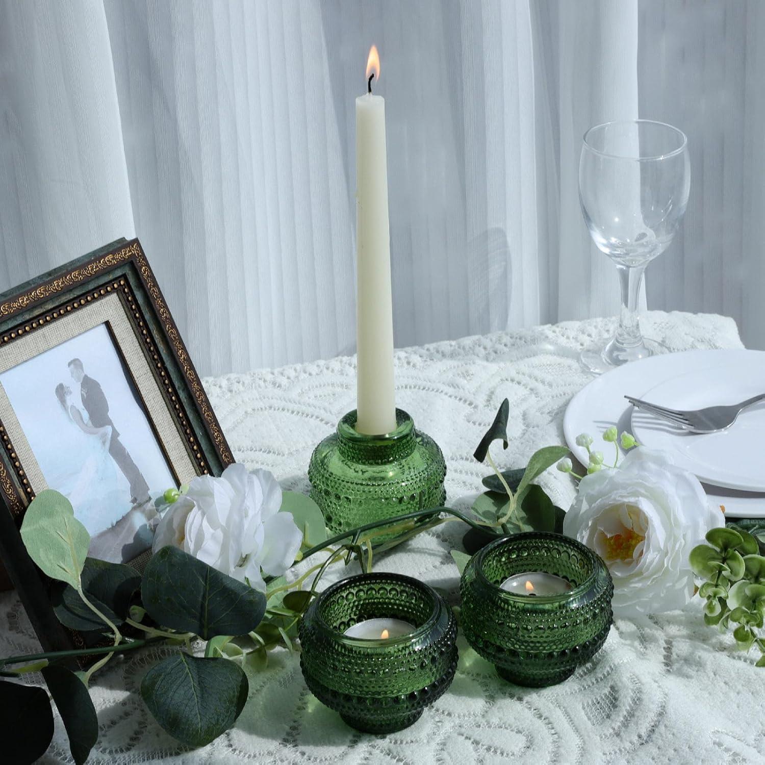 Green Ribbed Glass Reversible Candlestick Holders, Set of 4