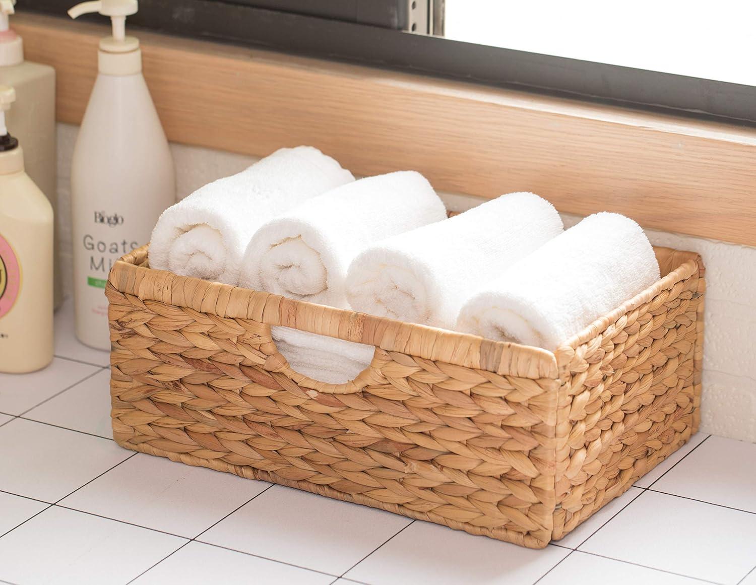 Highland Dunes 3 Small Hyacinth Baskets Rustic Handwoven Multipurpose Foldable Storage Organizer Decorative Laundry Totes and Woven Storage Bin for Bedroom Living Room Bathroom Pantry and Closet