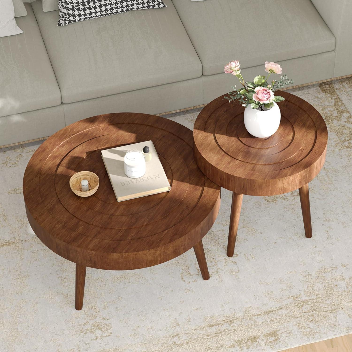 Round Walnut Wood Nesting Coffee Table Set