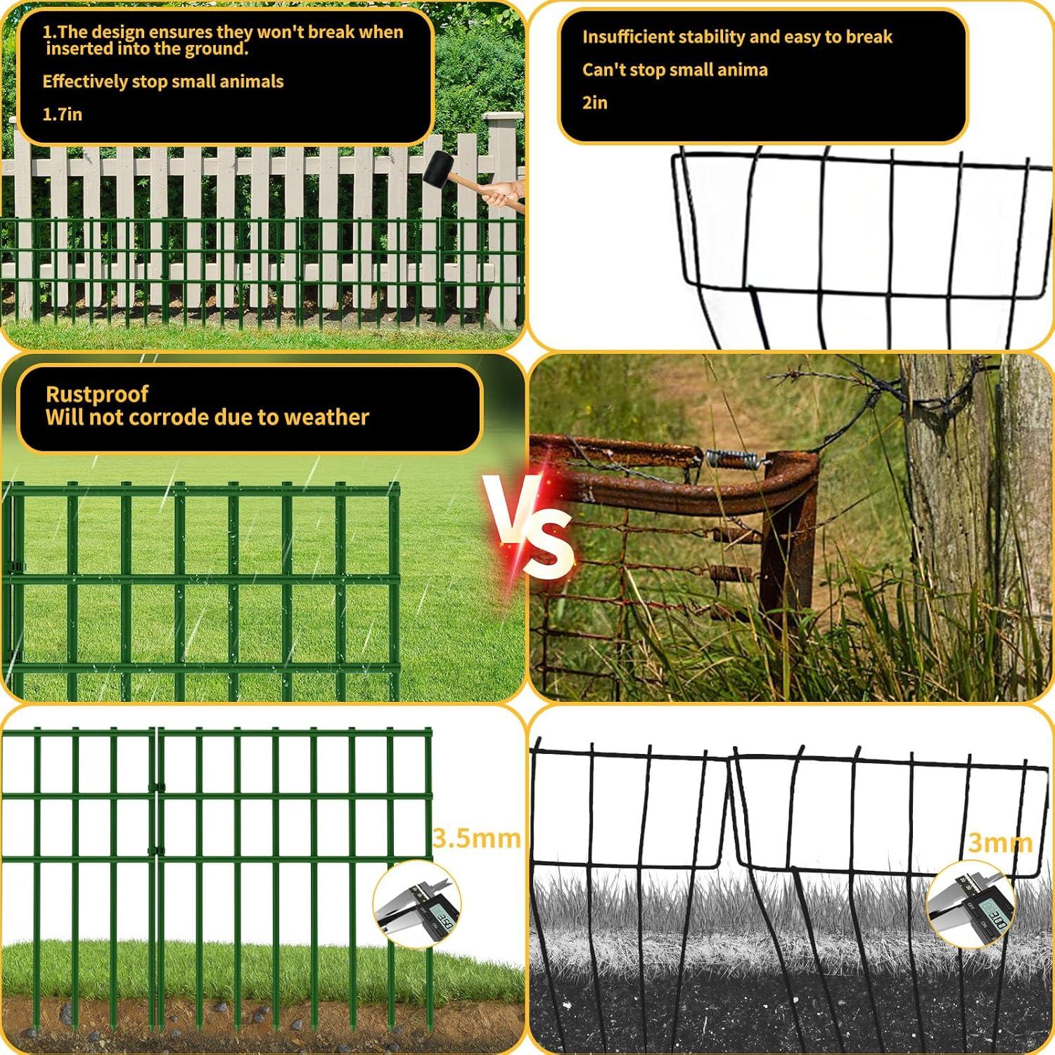 10 Pack Garden Fencing Animal Barrier, 10.8ft(L) X 17in(H) No Dig Fence Panels, 1.25in Spike Spacing Rustproof Dog Digging Fence Barrier, Dogs Rabbits Blocker Fence for Outdoor Yard