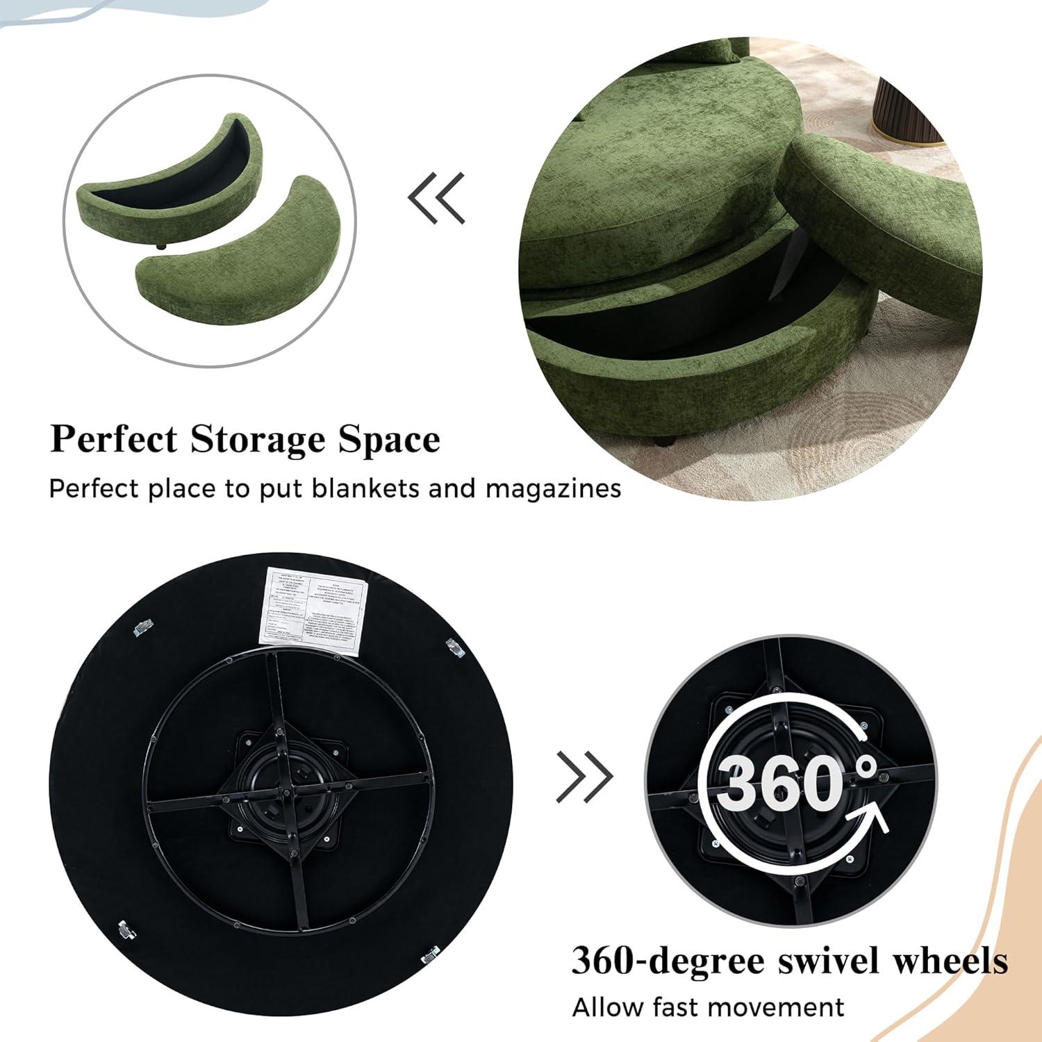 DEINPPA Swivel Round Barrel Chair with Storage Ottoman and 4 Movable Pillow Backrest, 360° Round Rotating Sofa Chair for Living Room, Hotel, Bedroom, Office, Lounge (Green + Chenille+ Foam)