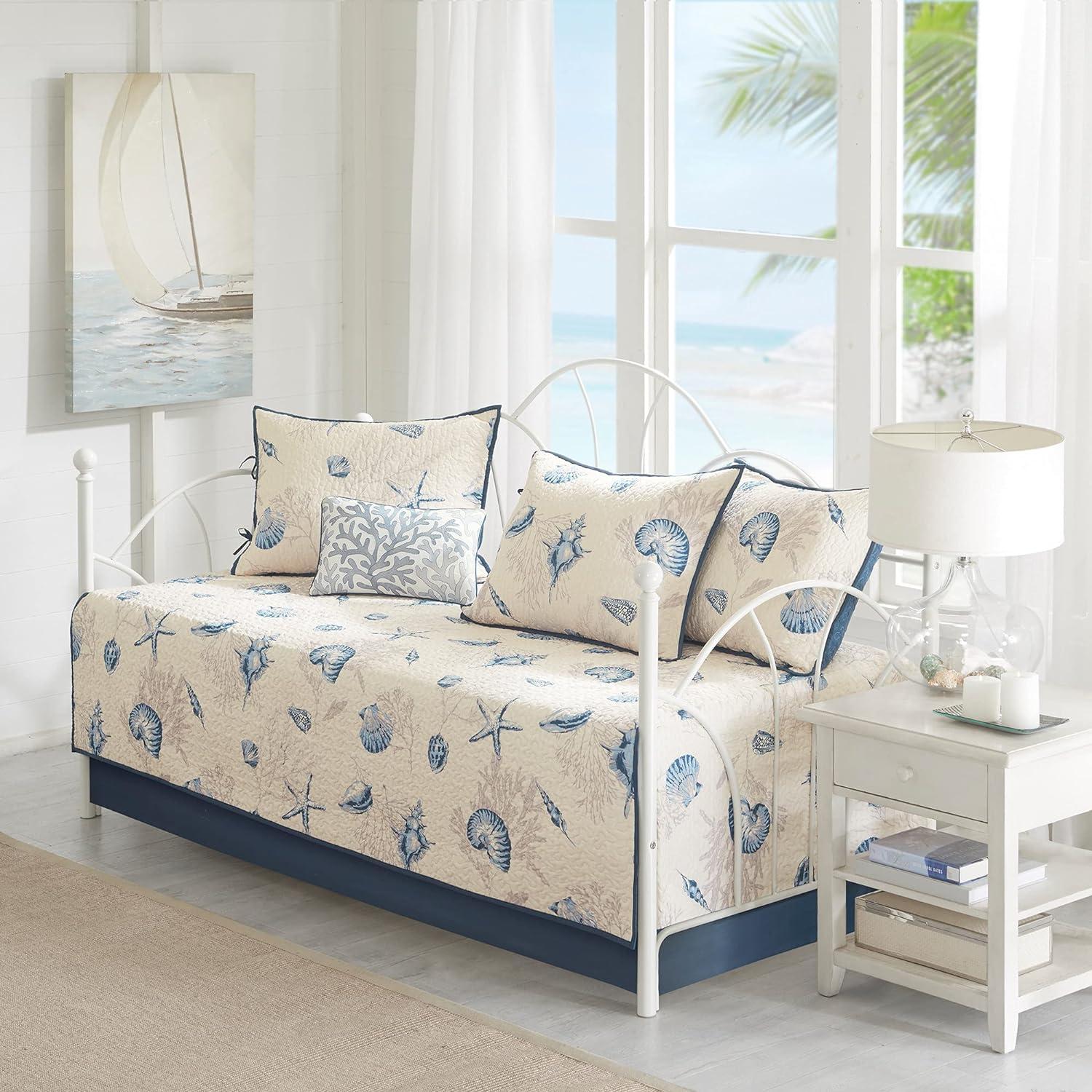 Bayside Blue/Beige 6 Piece Reversible Printed Microfiber Daybed Cover Set