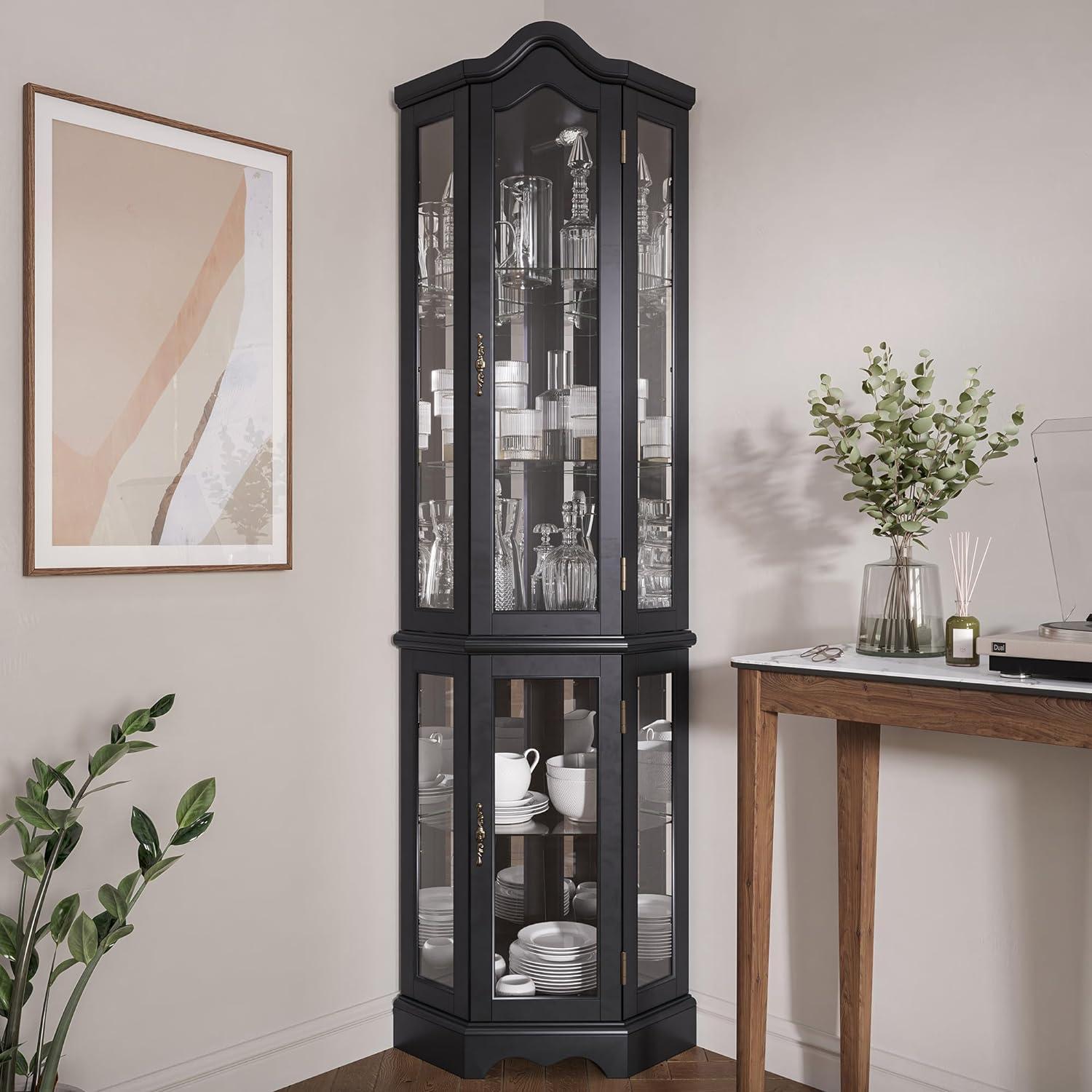 BELLEZE Lighted 3-Side Glass Display Curio Cabinet w/ Tempered Glass Doors and Shelves, Curved Wood Corner Cabinet with Bulb, Corner Storage Decoration Rack for Living room & Bedroom Loraine (Black)