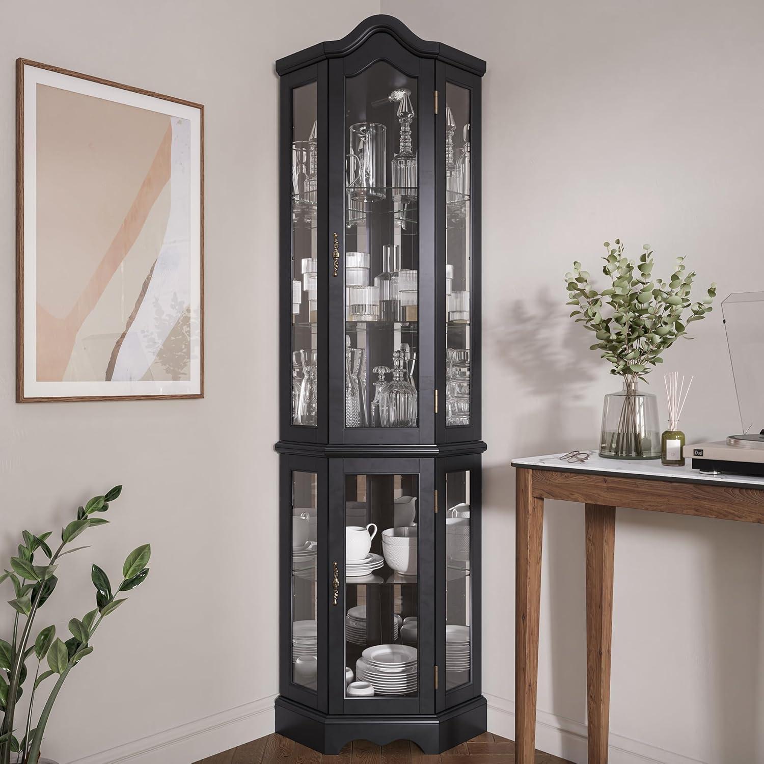 BELLEZE Lighted 3-Side Glass Display Curio Cabinet w/ Tempered Glass Doors and Shelves, Curved Wood Corner Cabinet with Bulb, Corner Storage Decoration Rack for Living room & Bedroom Loraine (Black)