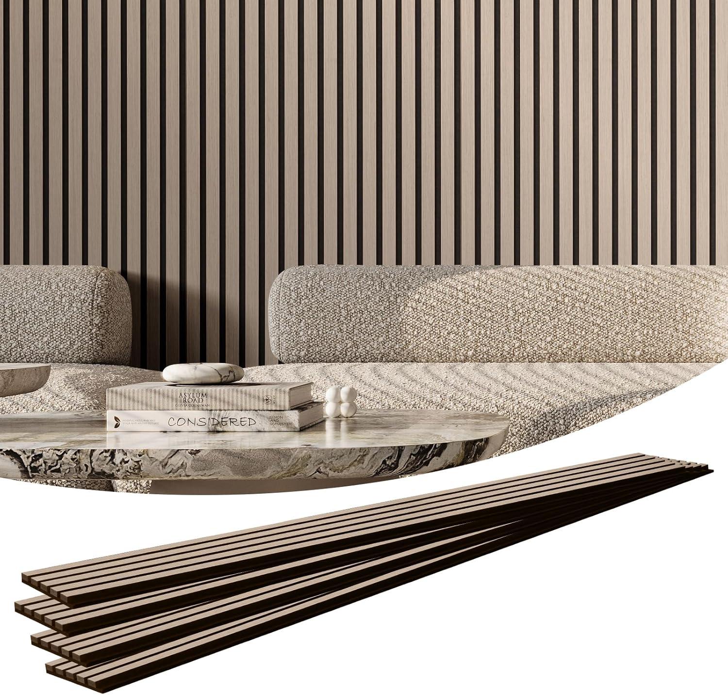 Silver Wood Acoustic Wall Panels with MDF and Polyester, 94.5 x 7.9 in, 4-Piece Set