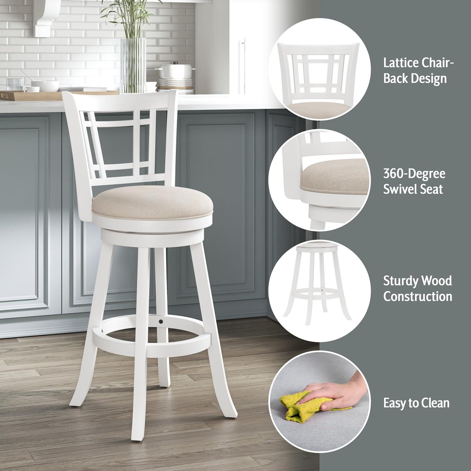 Elegant White Swivel Bar Stool with Beige Fabric Seat and Wood Accents