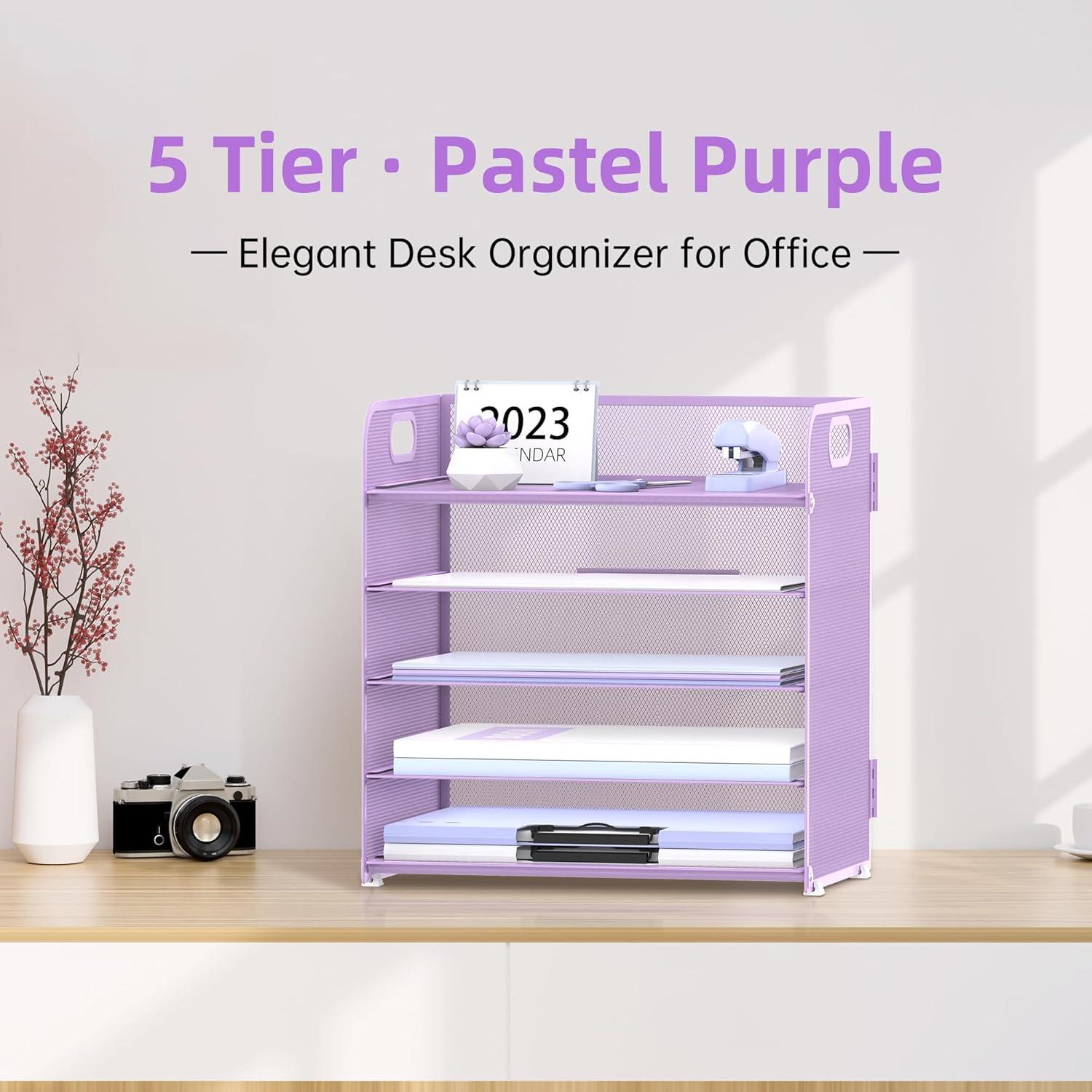Marbrasse Paper Organizer Letter Tray, 5 Tier Mesh File Organizer with Handle, Paper Sorter Desk Organizer for Home Office Supplies - Purple