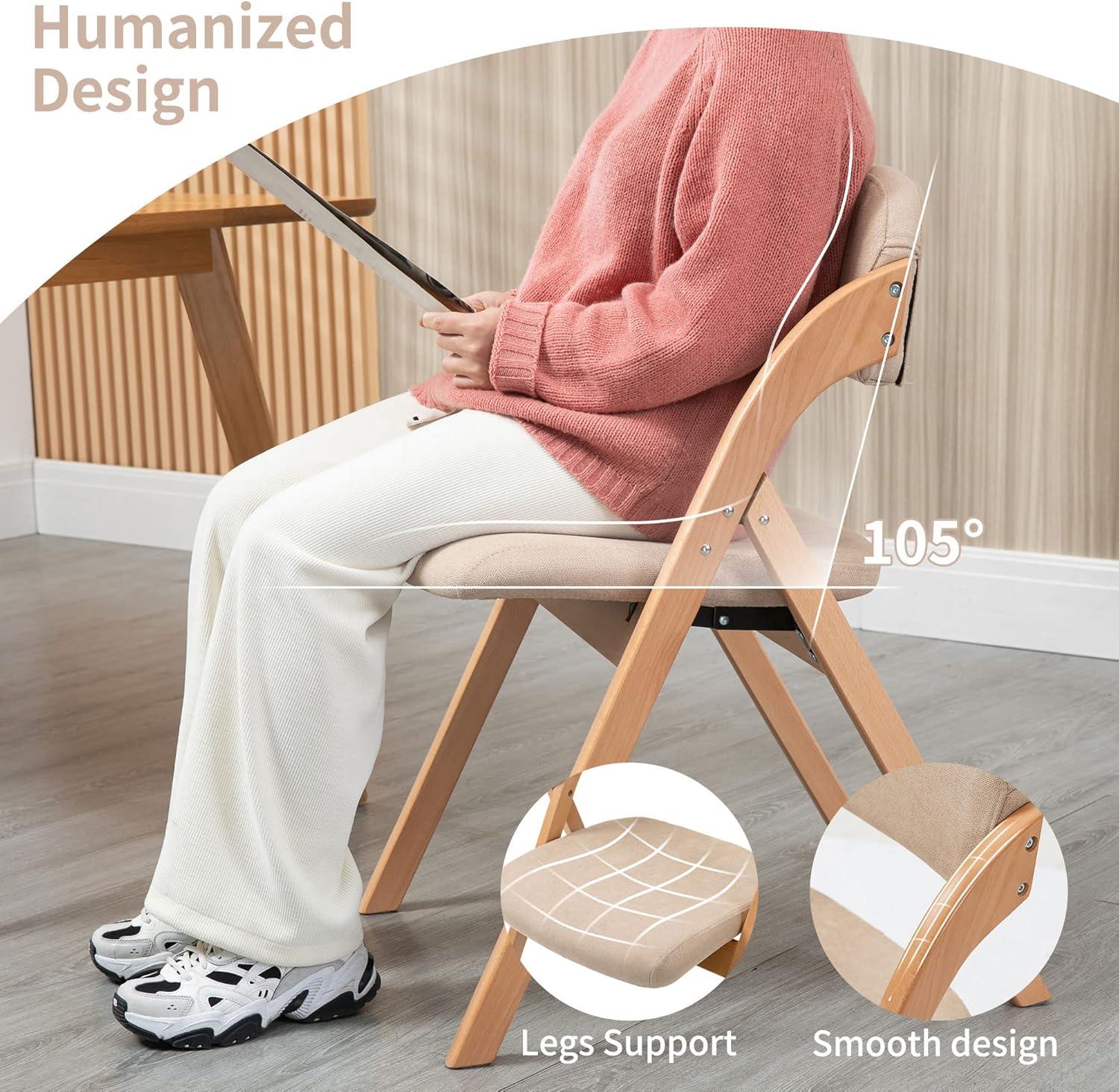 HOMEFUN Folding Chairs with Cushion Padded Foldable Chiars 4 Pack - Wooden Dining Fold Seat with Removable Cover Extra Chair for Guests Kitchen Office Wedding Party Picnic, Khaki