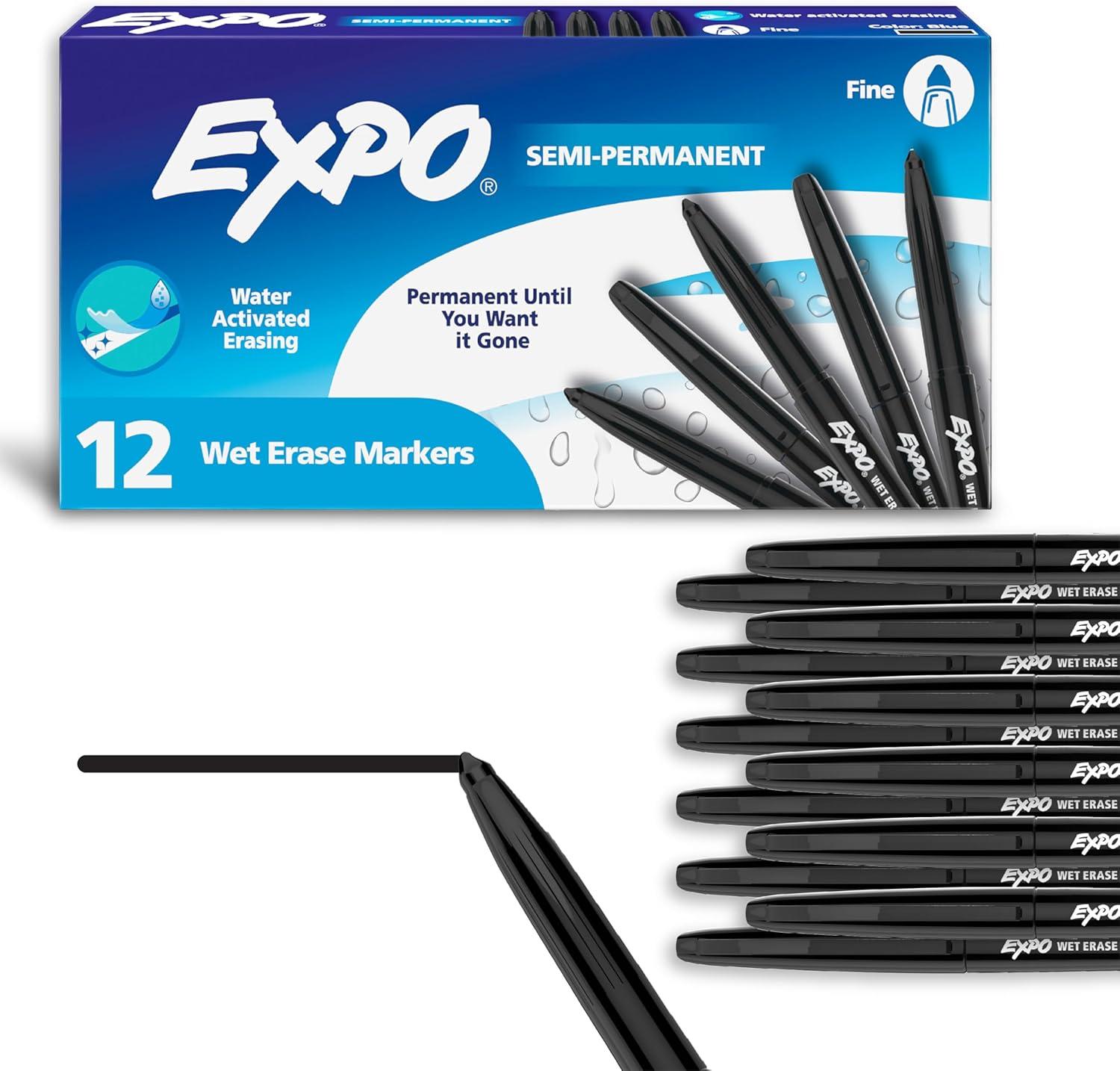 EXPO Wet Erase Markers, Semi-Permanent Markers, Black, Fine Tip, 12 Count
