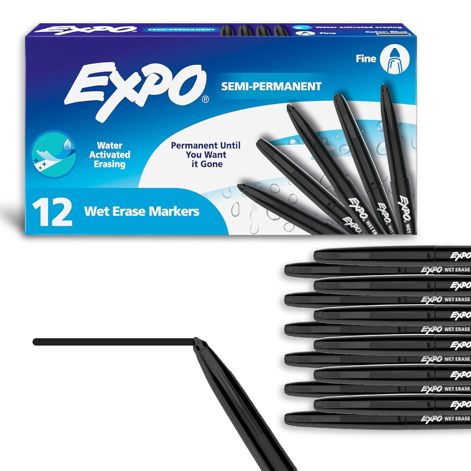 EXPO Wet Erase Markers, Semi-Permanent Markers, Black, Fine Tip, 12 Count