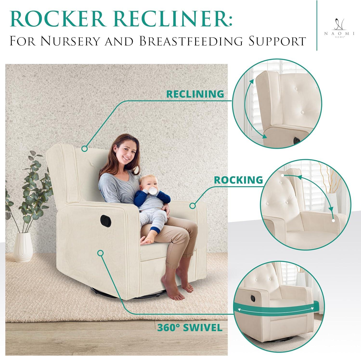 Odelia 360 Swivel Glider Rocker Recliner, Tufted Nursery Chair with Manual Puller, Plush Cushioning, Soothing Rocking Motion with Microfiber Fabric for Living Room, Bedroom, Apartment Cream