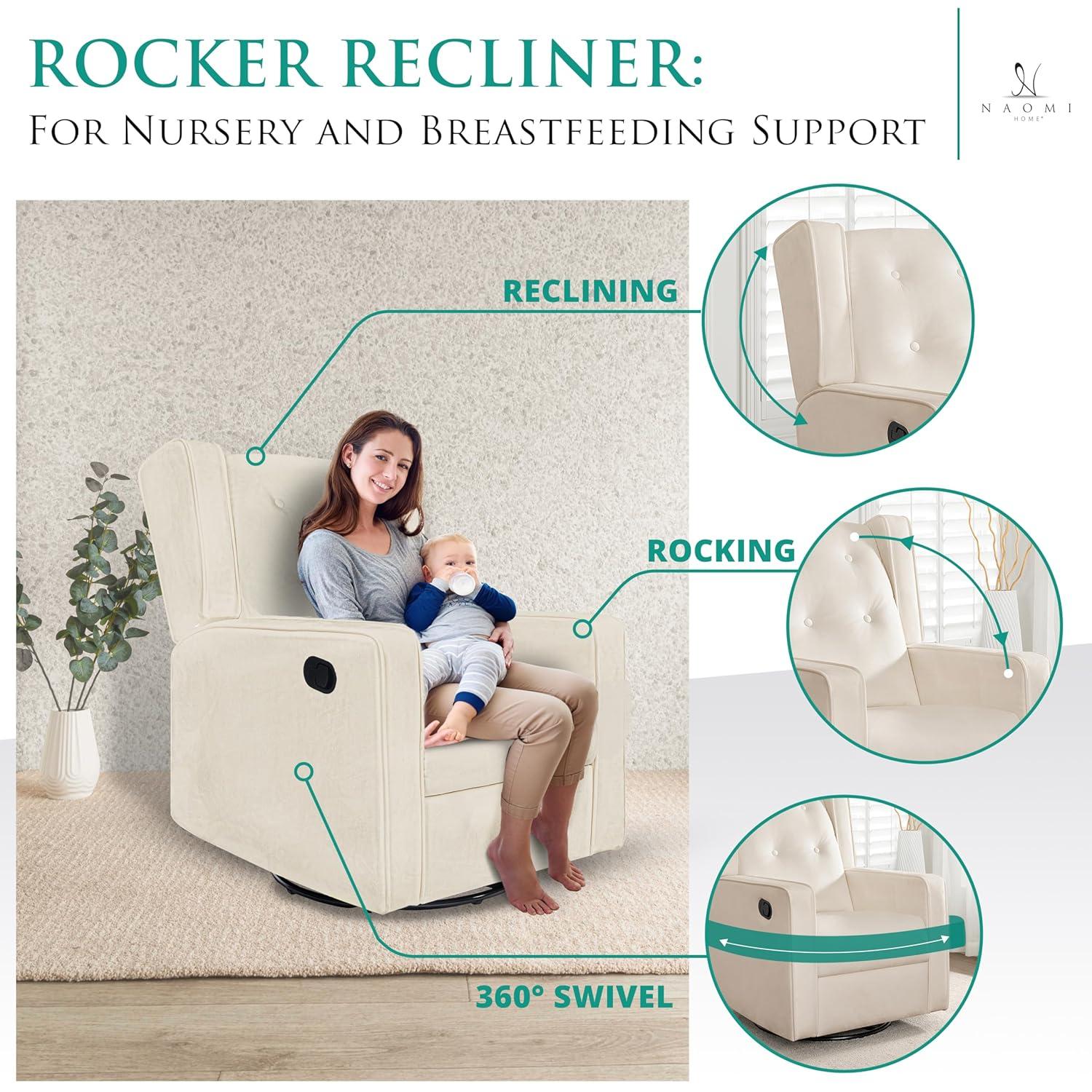 Odelia 360 Swivel Glider Rocker Recliner, Tufted Nursery Chair with Manual Puller, Plush Cushioning, Soothing Rocking Motion with Microfiber Fabric for Living Room, Bedroom, Apartment Cream