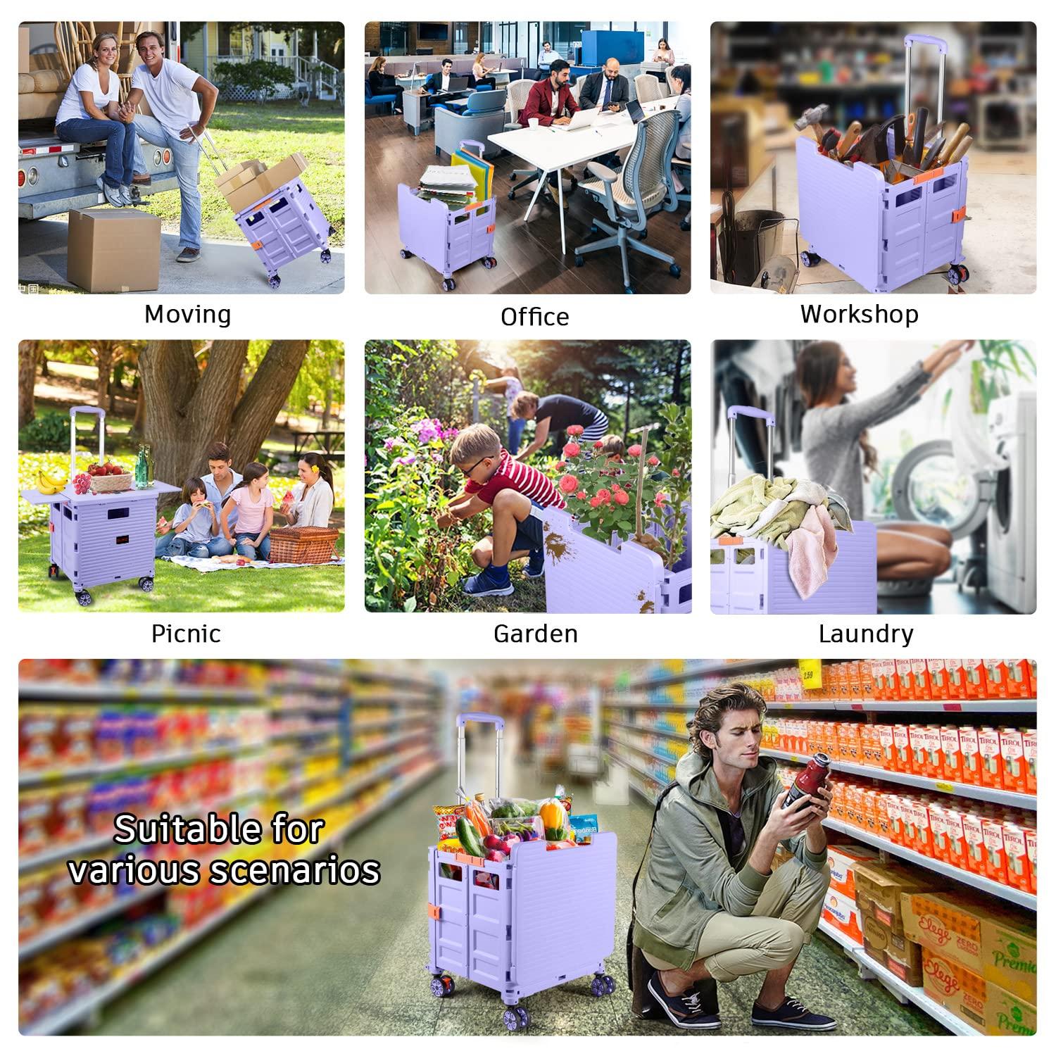 Folding Utility Cart Portable Rolling Crate Handcart with Magnetic Sliding Lid Telescoping Handle Heavy Duty Plastic Box Dolly 360Swivel Wheels for Travel Shopping Move Office Use(Purple Pro)