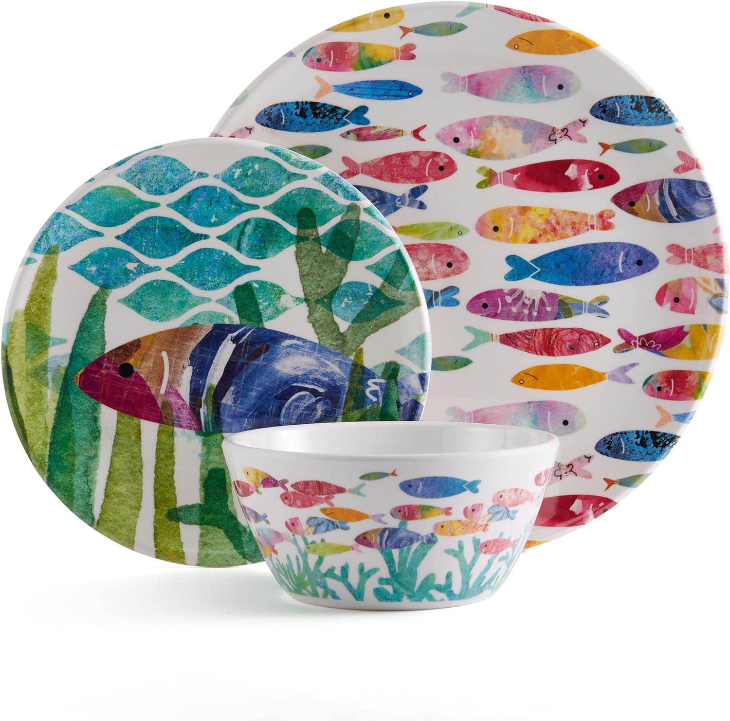 Colorful Fish Melamine 12-Piece Dinnerware Set, Service for 4