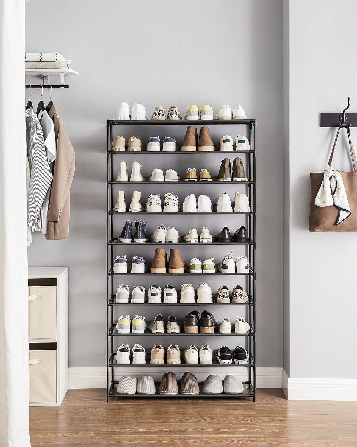 Black Metal and Fabric 10-Tier Wall Mounted Shoe Rack