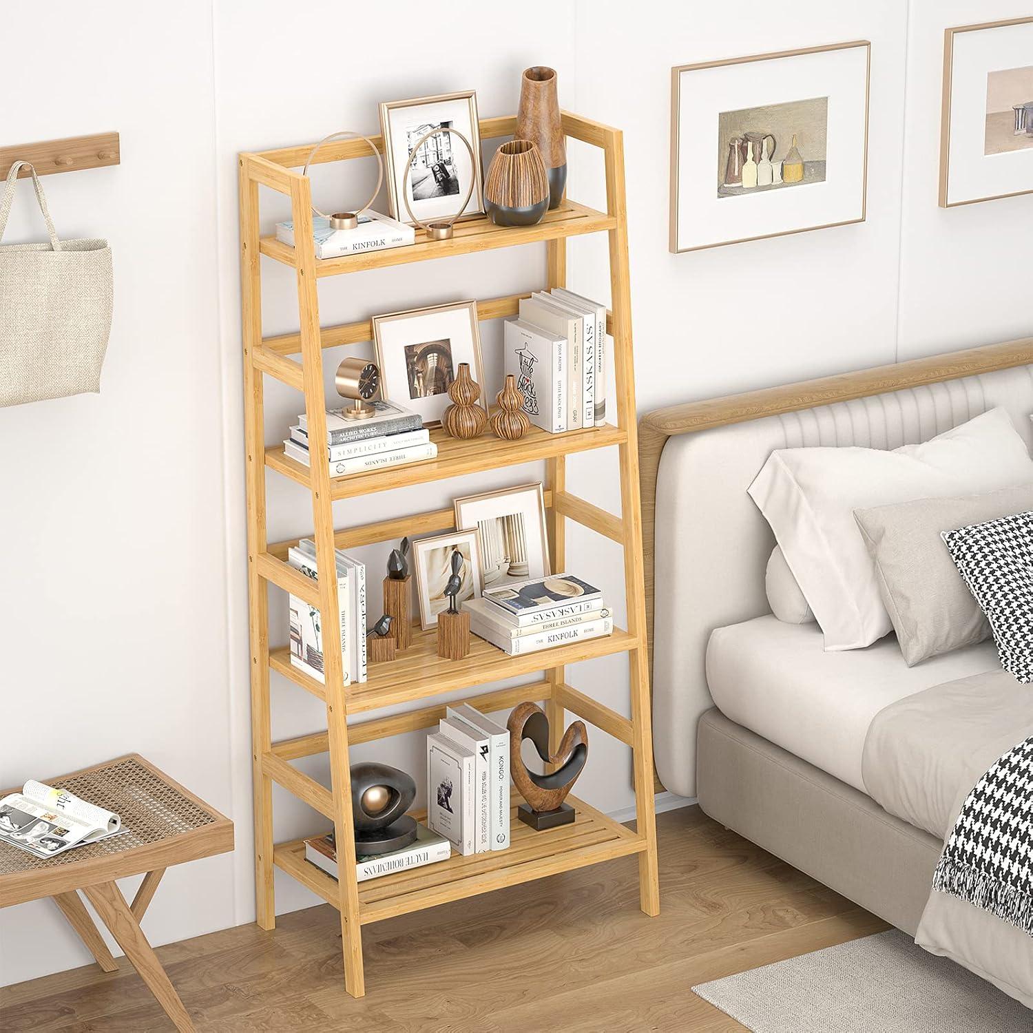 Natural Bamboo 4-Tier Ladder Shelf for Books and Plants