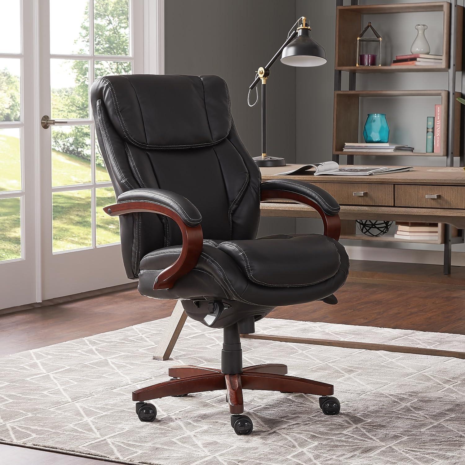 Black Leather High-Back Executive Office Chair with Wood Frame