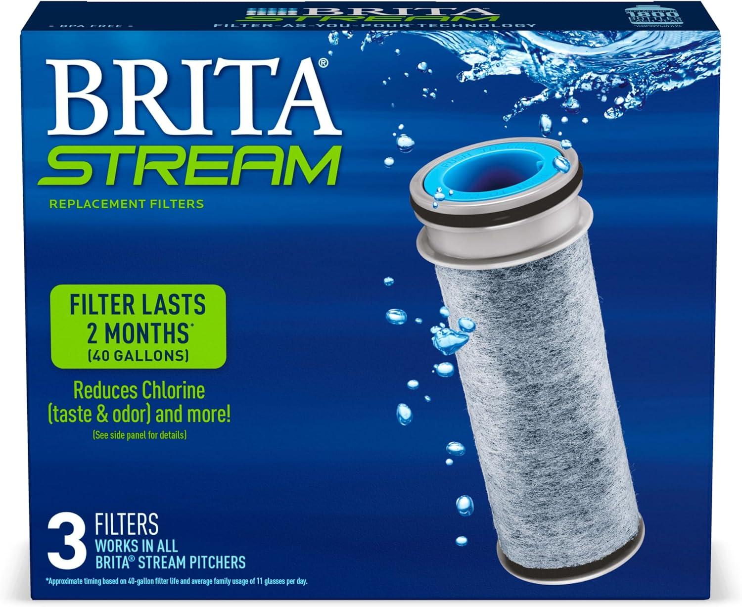 Brita Stream Water Filter, Stream Pitcher Replacement Water Filter, BPA Free, 3 Count