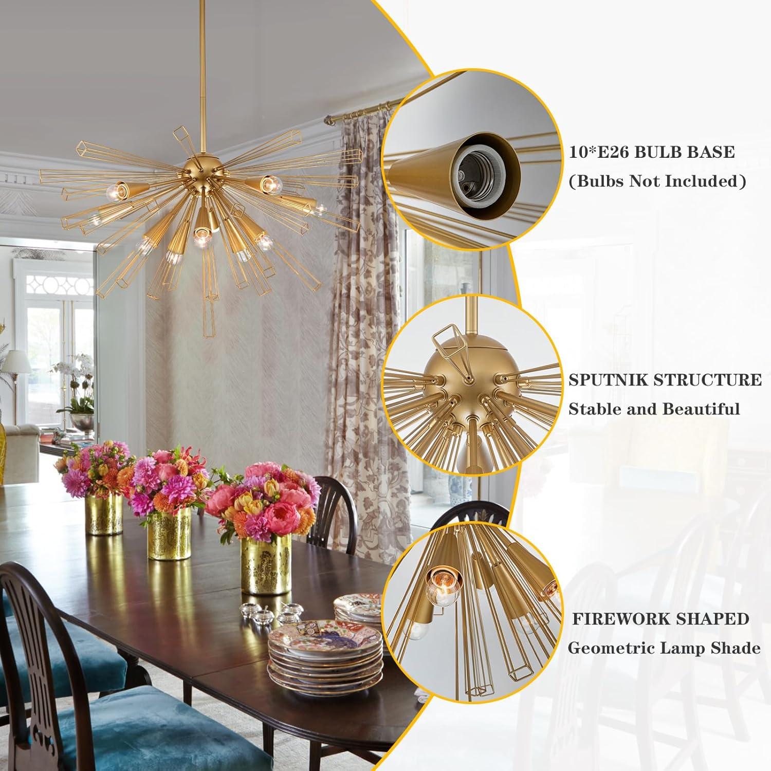 Brass 10-Light Sputnik Chandelier with Linear Design