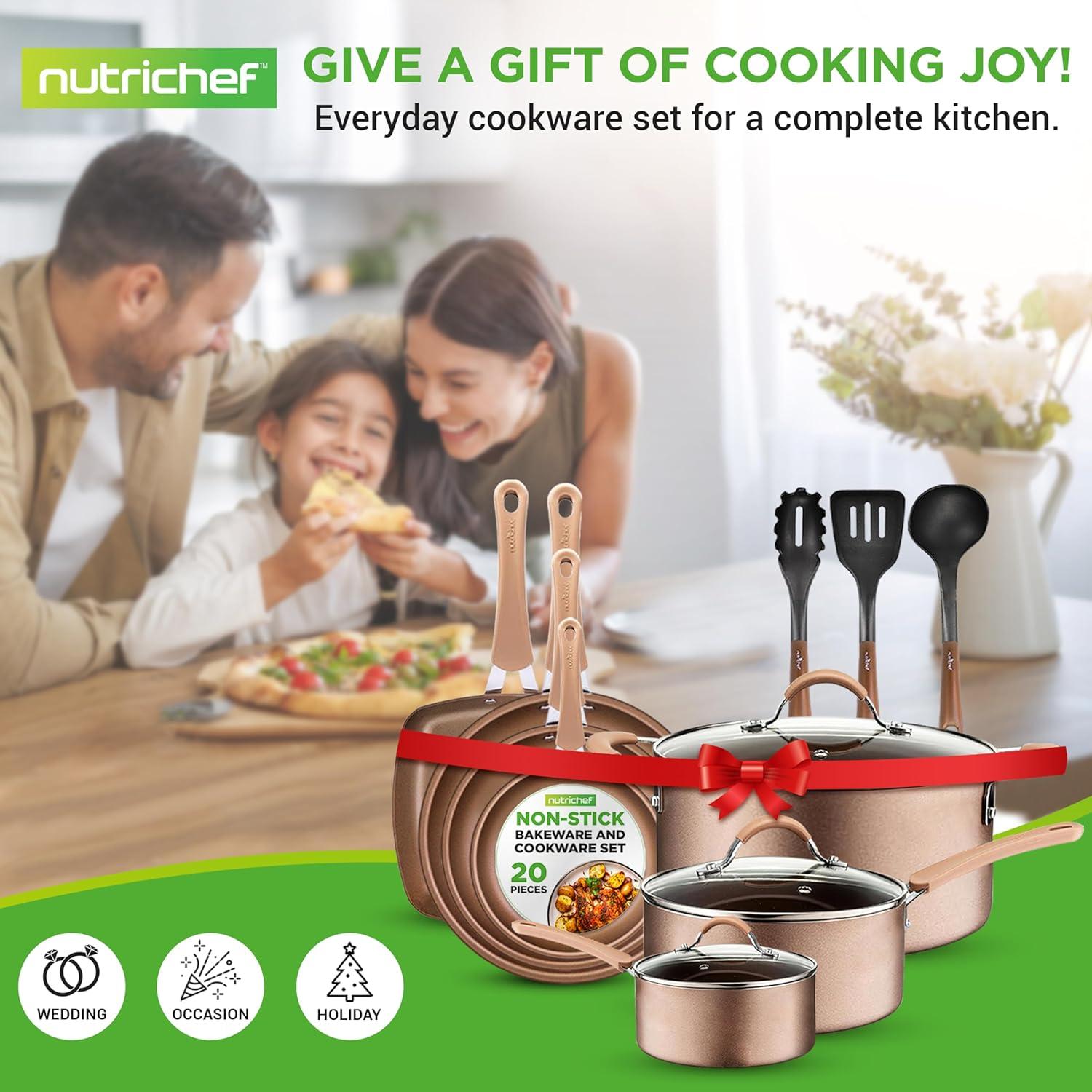 Open Box NutriChef Nonstick Cooking Cookware Pots and Pans, 14 Pc Set, Bronze