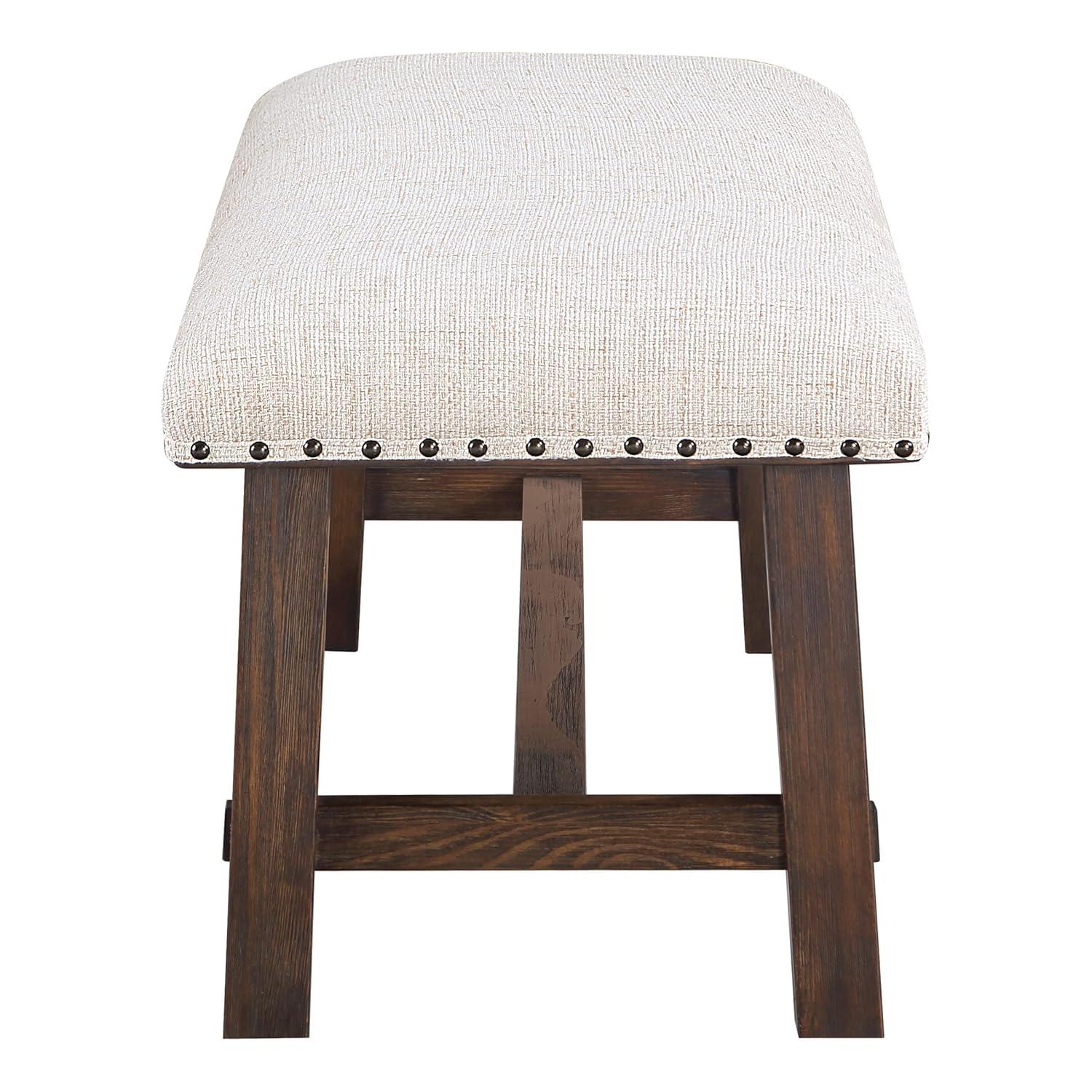 Callen Bench with Walnut Frame and Bronze Nailhead Trim in Linen White Fabric