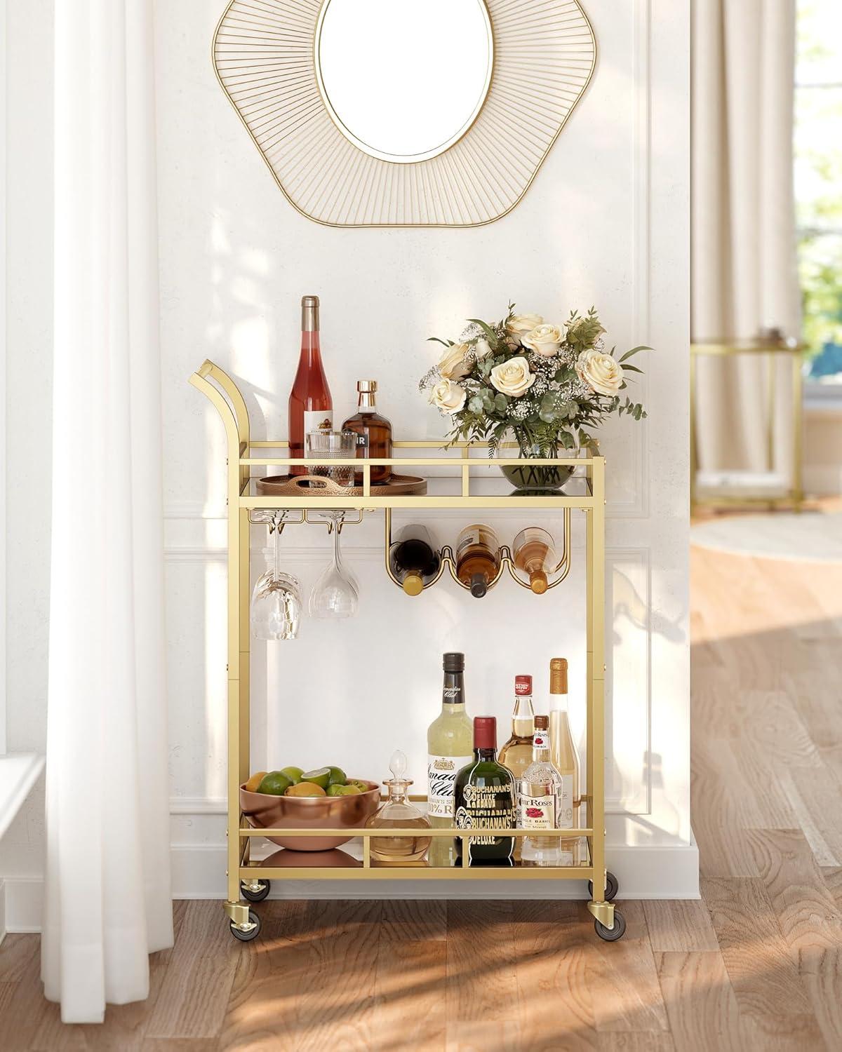 Gold Bar Cart with Mirrored Shelves and Storage