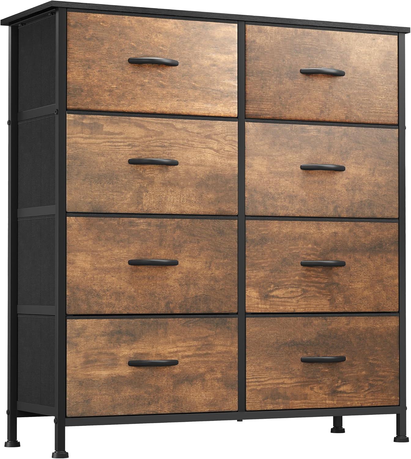 Tall Fabric Dresser with 8 Drawers, Storage Tower with Fabric Bins, Double Dresser, Chest of Drawers for Closet, Bedroom, Living Room, Hallway, Dorm, Rustic Brown Wood Grain Print