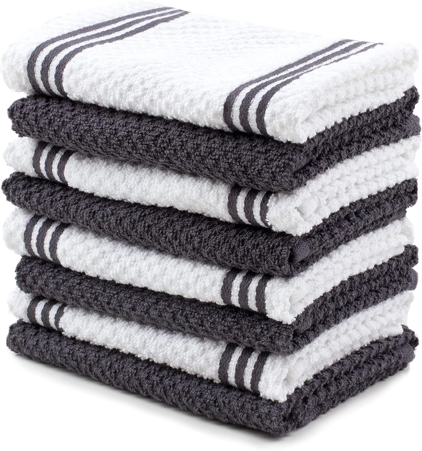 Sticky Toffee Kitchen Dishcloths Towels 100% Cotton, Set of 8, Gray and White Dish Cloth Towels, 12 in x 12 in