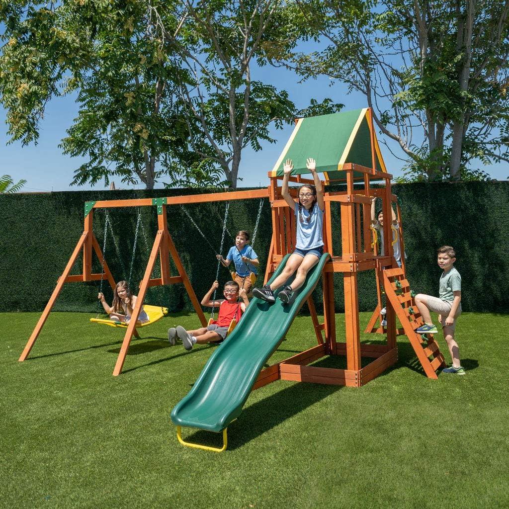 Olympia Natural Wood Swing Set with Green Slide and Fort