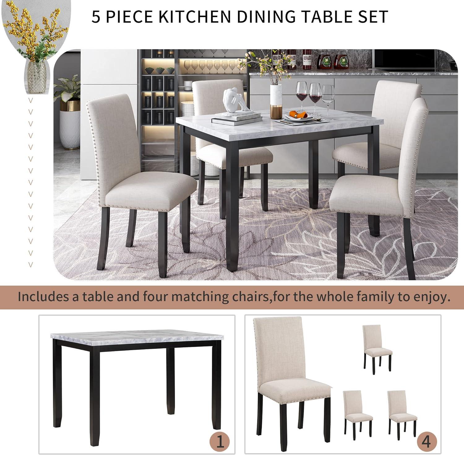 Rectangular Faux Marble Dining Set with Beige Cushioned Chairs