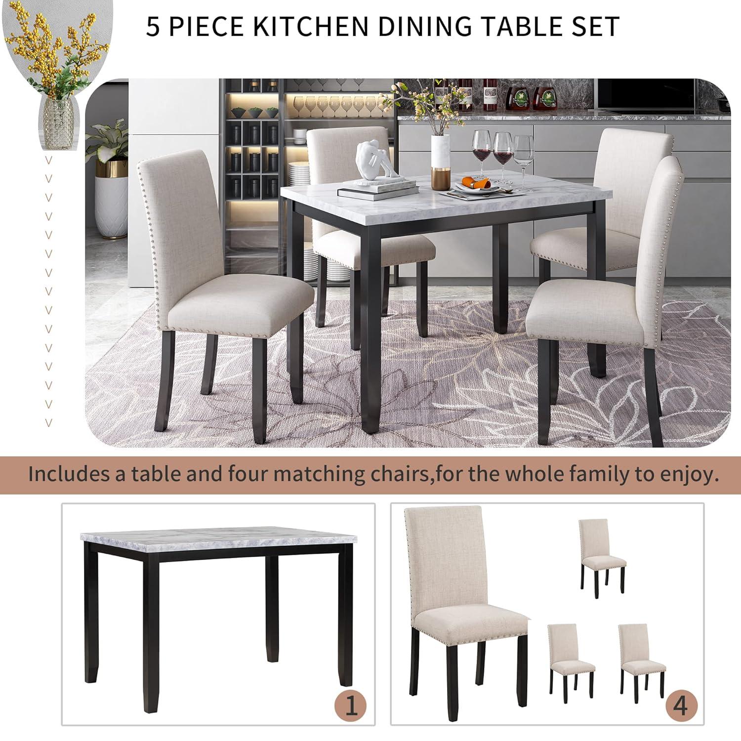 5 Pieces Dining Table Set, Elegant Faux Marble Desk and 4 Upholstered Cushion Chairs, Perfect for Kitchen, Breakfast Nook, Bar, Living Room